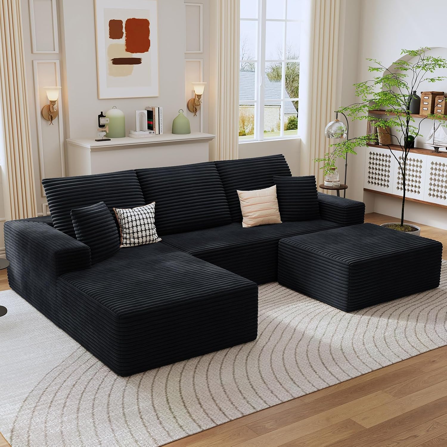 107' Cloud Sectional Couch with U-Shaped Chaise, Corduroy Sectional Sofa with Ottoman, Boneless Couch with Deep Seat in a Box for Living Room, No Assembly Required (Black, Left Facing Chaise)
