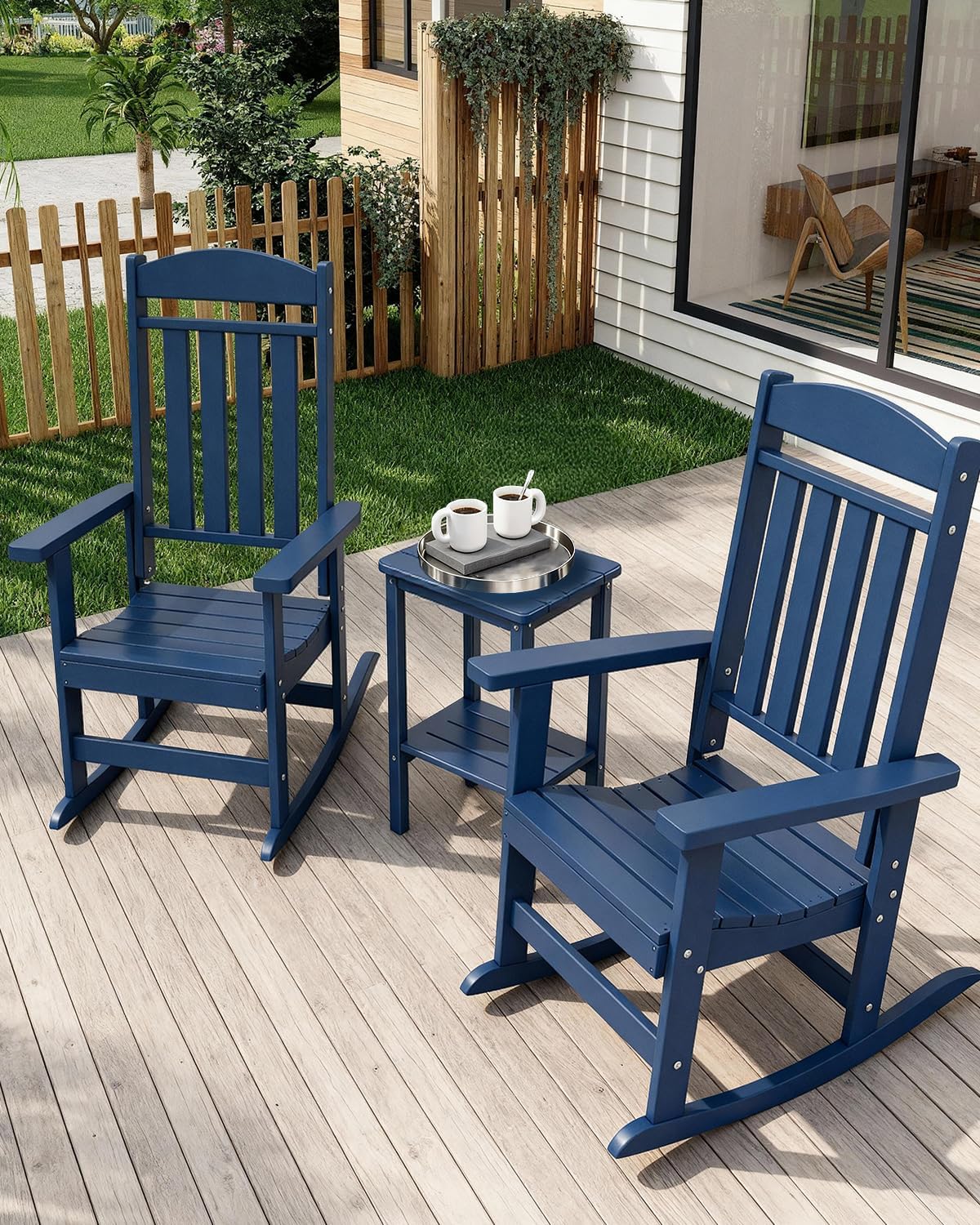NAVINE 3-Piece Outdoor Rocking Chair Set, Oversized Porch Rocking Chair Set of 2 with Side Table, HDPE High Back Patio Rocking Chair, Suitable for Patio, Porch, Backyard, Navy Blue