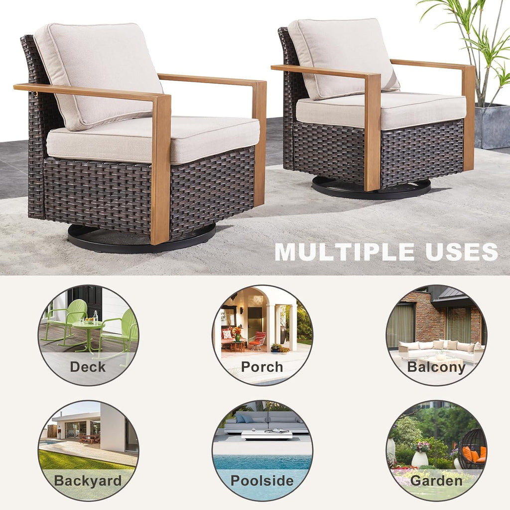 Rilyson Outdoor Patio Swivel Rocker Chairs - Wicker Rattan Patio Swivel Rocking Chairs Set of 2 with Metal Wide Armrest, Thick Cushions and Deep Seating for Deck Porch Sunroom Garden(Brown/Beige)