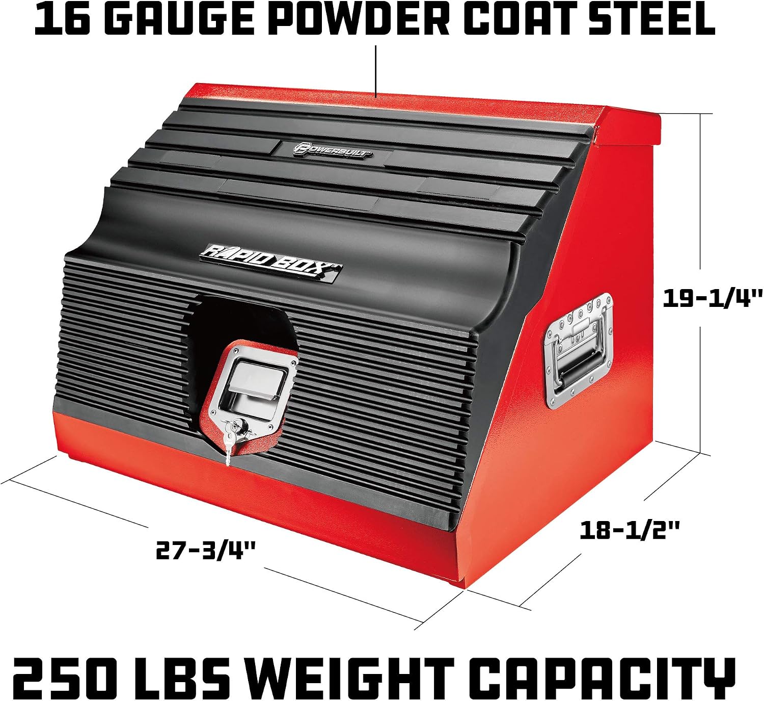 Powerbuilt 26 Inch Portable Slant Front Rapid Toolbox Tiered Stairstep Tool Holders, 16 Gauge Steel, Chrome Hardware, Weather-Resistant Lockable Polymer Lid, Red, 240311
