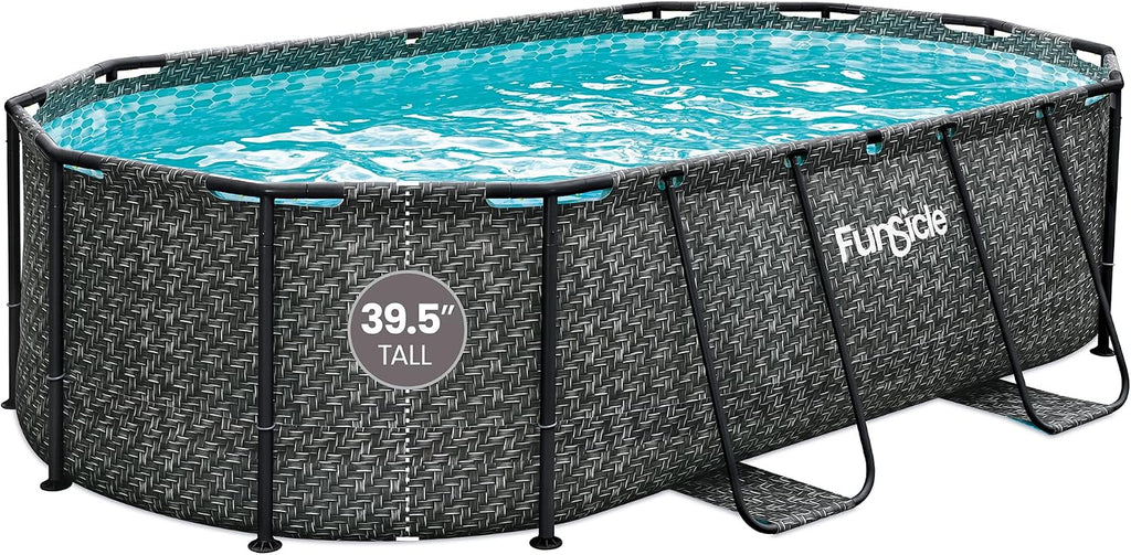 Funsicle Oval Oasis Designer 13'11' x 8'2' x 39.5' Above Ground Swimming Pool, with FiltraBoost Filter 800 GPH Pump with AutoSkimmer, Ladder & Type D Filter Cartridge, Dark Herringbone