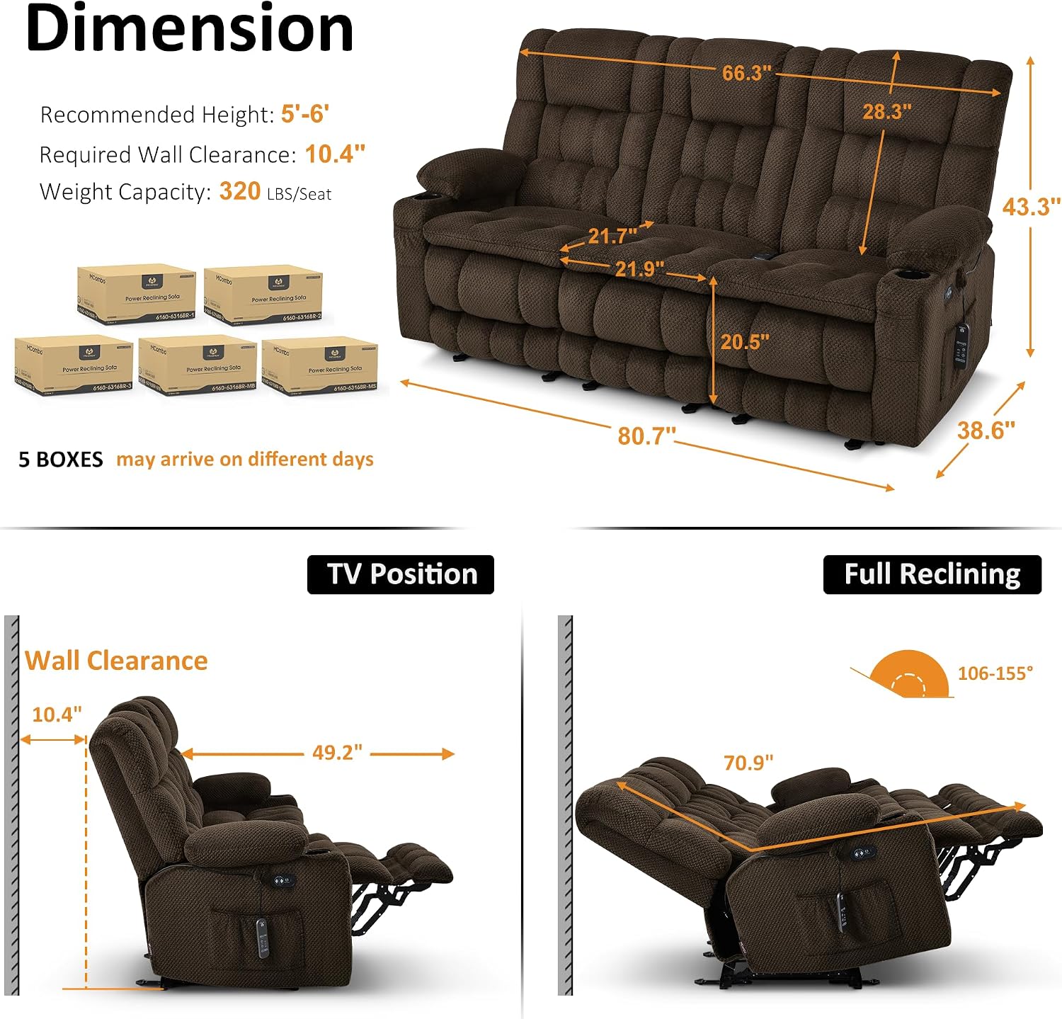 MCombo 80.7' W 3 Seater Power Reclining Sofa with Heat and Vibration Massage, Zero Gravity Recliner Sofa Couch for Living Room, Fabric 6316M3 (Brown, 3-Seater)