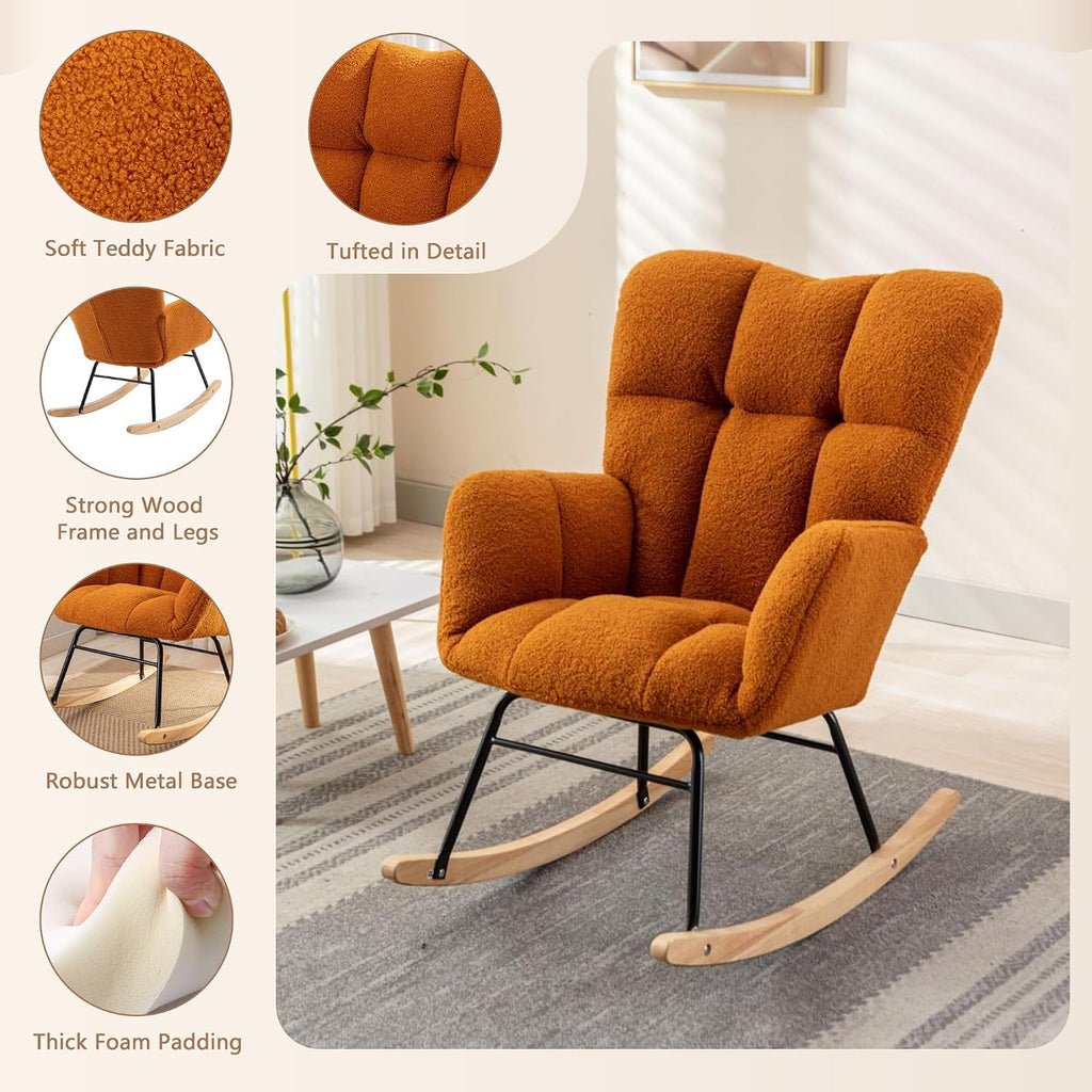 Setawix Teddy Rocking Chair with High Back,Leisure Rocking Armchair for Nursery,Mid Century Modern Rocker Glider Arm Chair for Living Room,Adults,Kids,Tufted with Solid Wood Legs