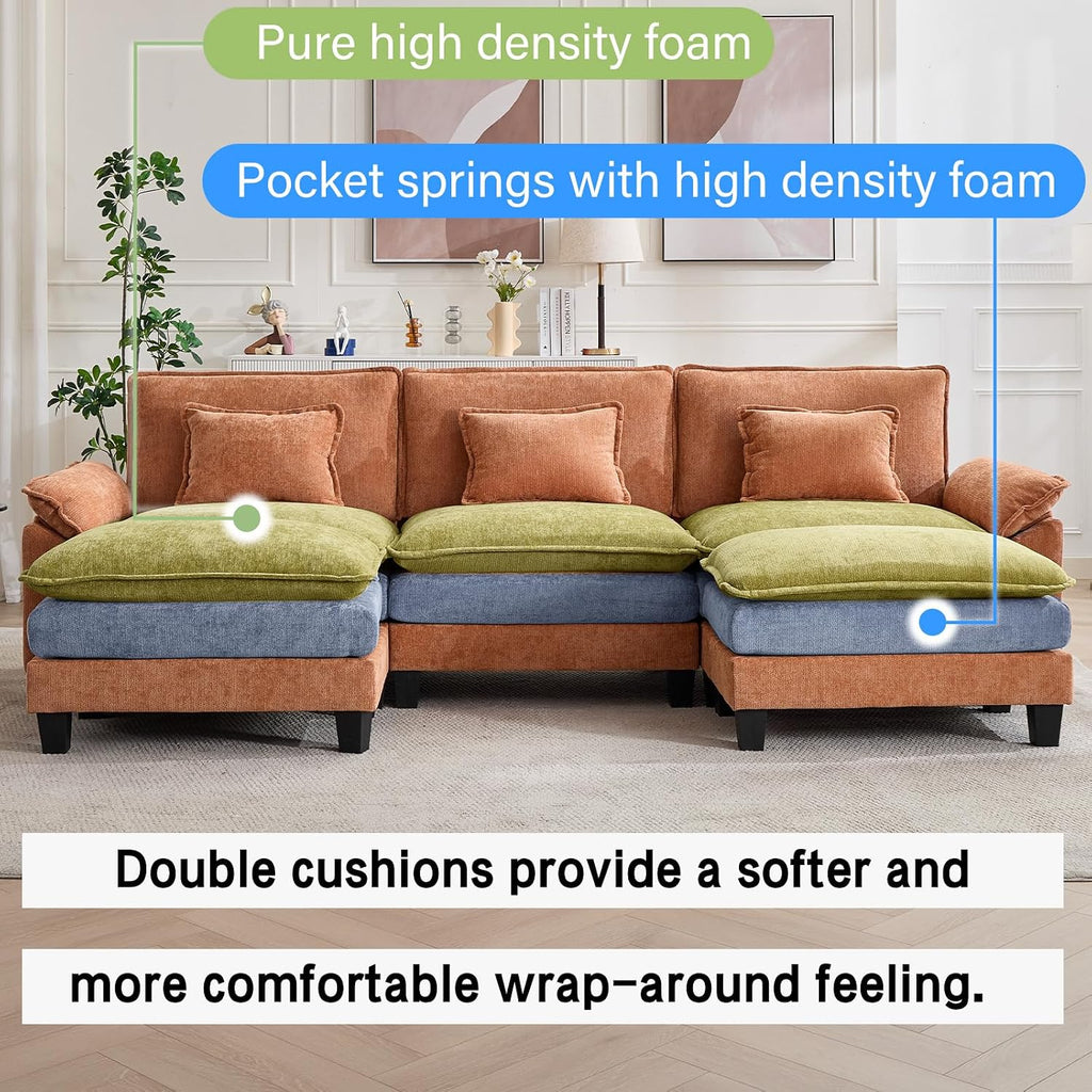 Oprisen 120' Modular Sectional Sofa, Comfy Cloud Couch Sectional Sofa with Ottoman, Chenille Sofa Sleeper Deep Seat Sofa with Throw Pillows for Living Room (Orange, 120'- U Shape)