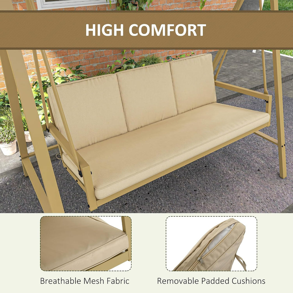 Outsunny 3-Seater Outdoor Porch Swing with Stand, Heavy Duty Patio Swing Chair with Adjustable Canopy, Removable Cushions, Breathable Mesh Seat for Garden, Backyard, and Poolside, Beige