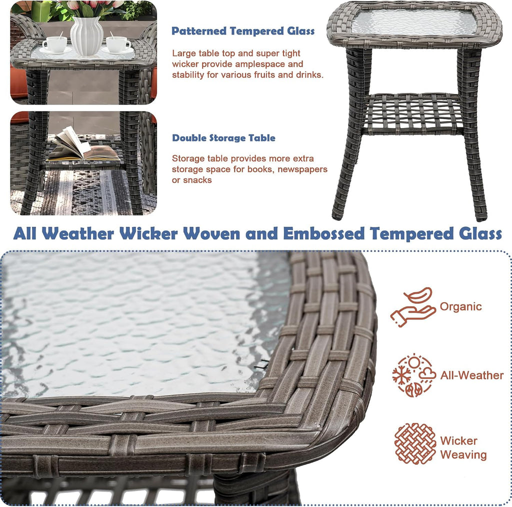 3-Piece Swivel Rocker Wicker Chair Set of 2 ，360-Degree Rocking Chairs Outdoor with Cushions，Glass Table for Garden,Backyard, Bistro.Red