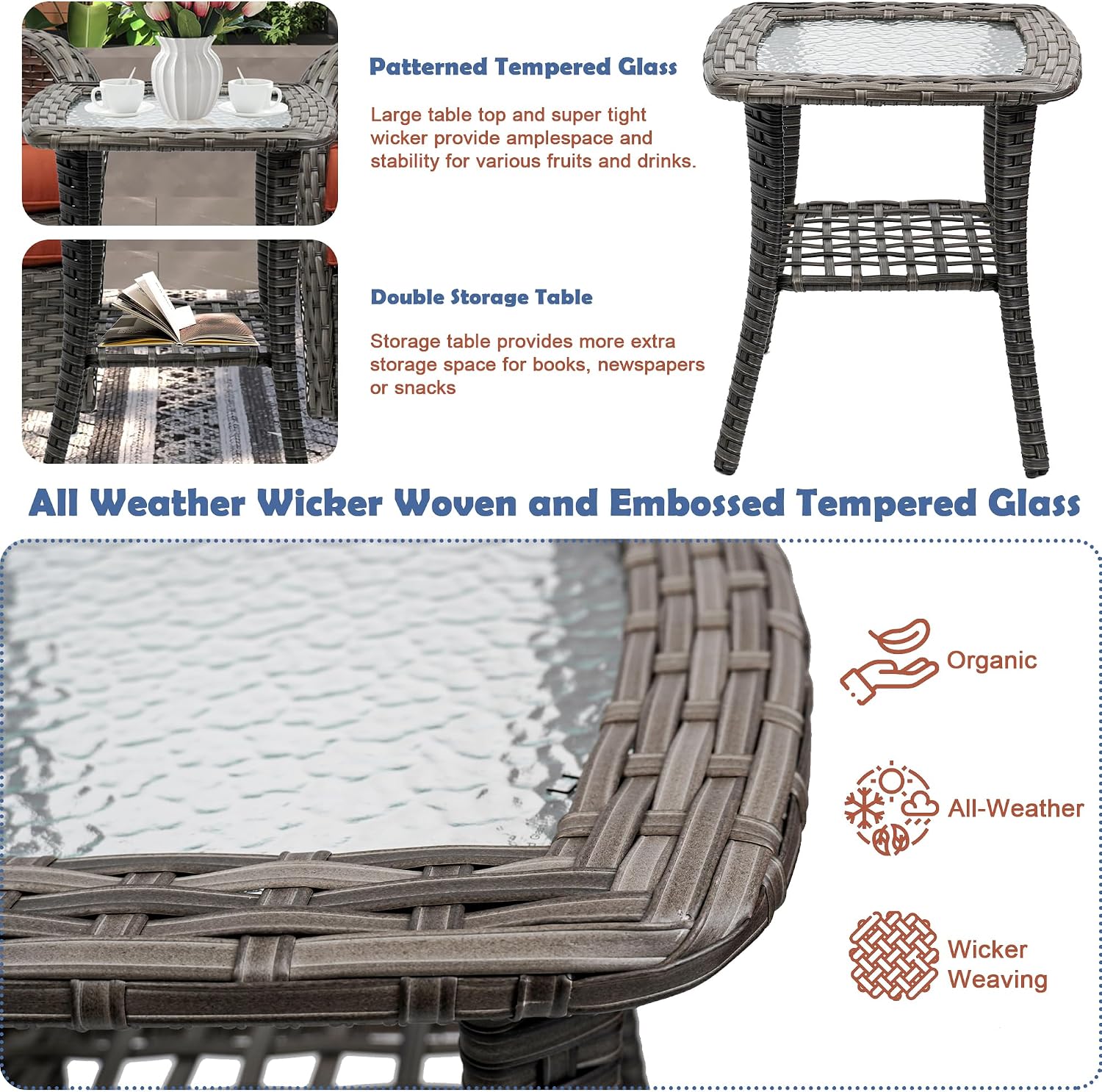 3-Piece Swivel Rocker Wicker Chair Set of 2 ，360-Degree Rocking Chairs Outdoor with Cushions，Glass Table for Garden,Backyard, Bistro.Red