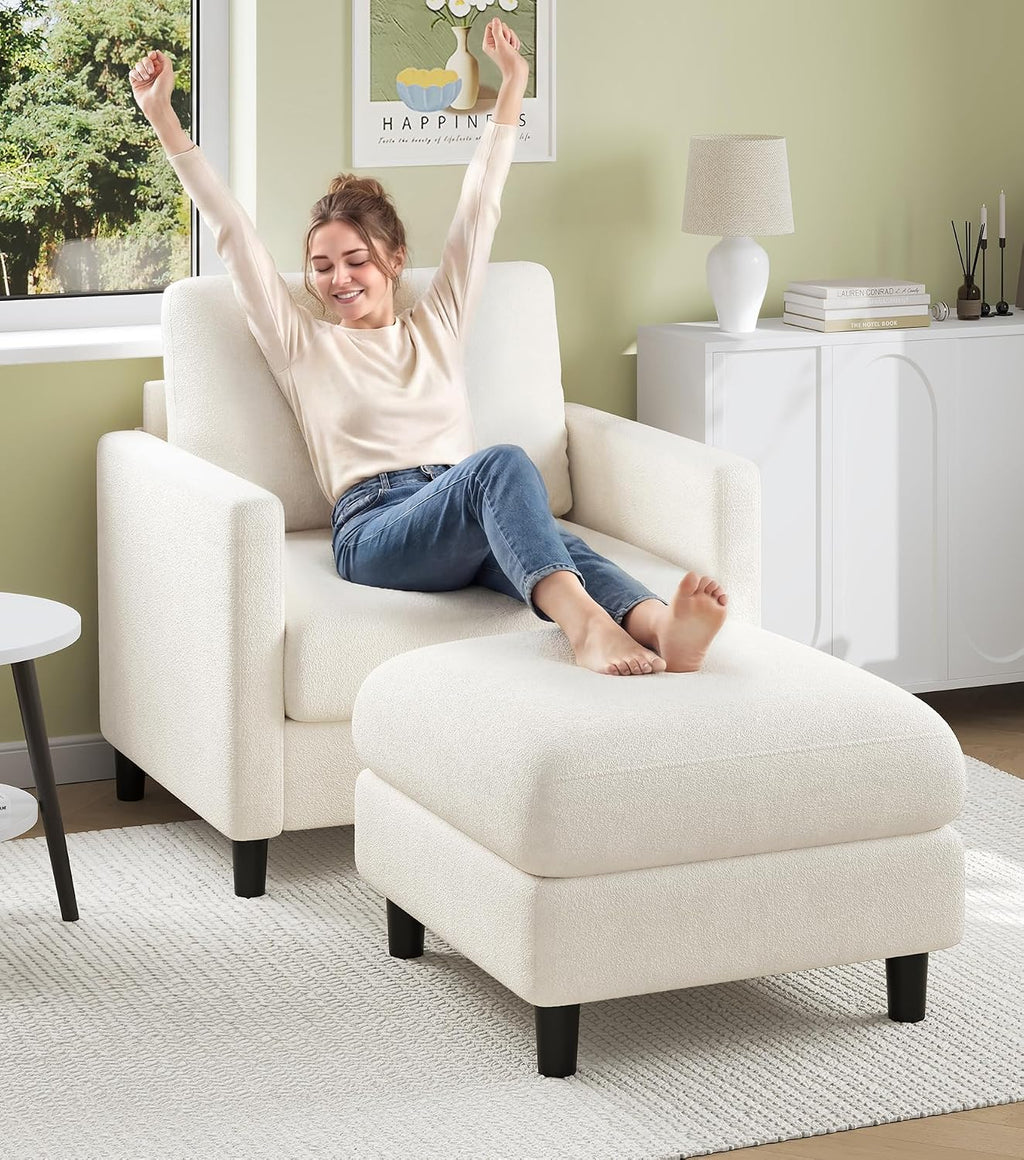 Welzona Sofa Accent Chair with Ottoman, 33' Reading Chair and Ottoman Set for Bedroom, Tool-Free Setup Living Room Accent Chairs, Comfy Arm Chairs Living Room, All-Wood Reading Nook, Beige