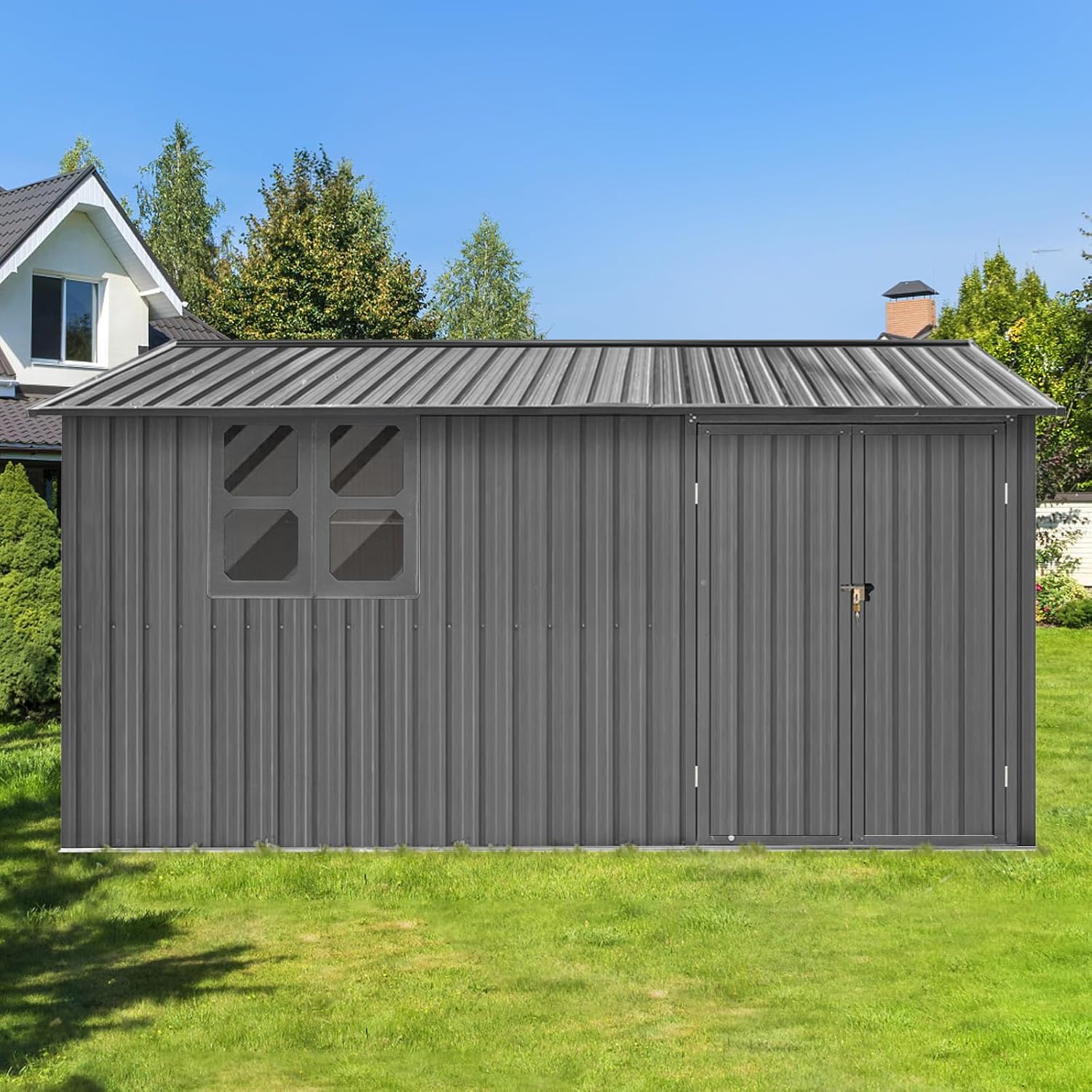 10x12 FT Outdoor Storage Shed, Large Metal Garden Shed with 4-pane Window, Outside Tool Shed with Lockable Hinged Doors & 4 Air Vents, Waterproof Storage Building for Backyard, Patio, Lawn, Gray