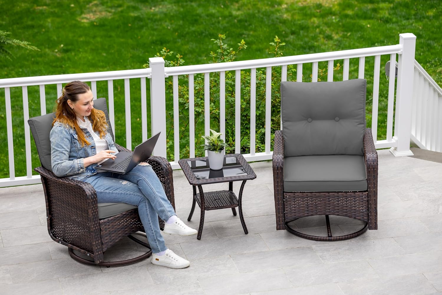 ALAULM Outdoor Swivel Rocking Chairs Set of 2 with 4'Thick Cushions and High Back, Wicker Patio Chairs w/Side Table for Patio, Porch, Poolside, Deck, Backyard, Garden-Grey