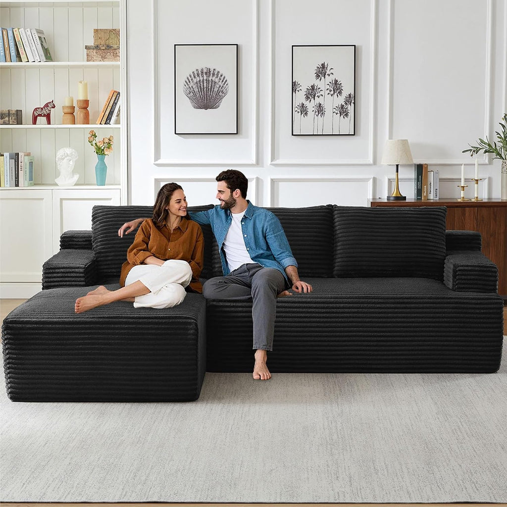 96' Cloud Sectional Couch with L-Shape Chaise, Modern Corduroy Boneless Couch for Living Room,Memory Foam Sofa with Deep Seat,No Assembly Required (Black,Left-Facing Chaise)