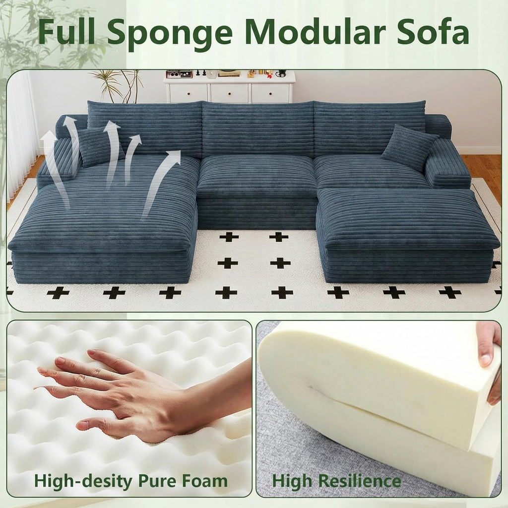 107' Cloud Couch Modular Sectional Sofa for Living Room, U-Shape Boneless Couch with Deep Seat, Modern Corduroy 3-Seater with Ottoman, No Assembly Required (Blue,Left-Facing Chaise)