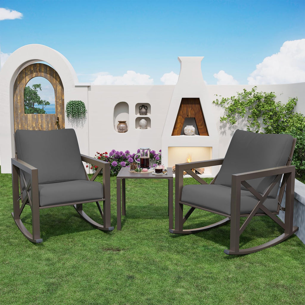 Outdoor Rocking Bistro Set, Patio Rocking Chairs Set of 2 with Coffee Table, 3 Pieces Metal Conversation Sets with 6.5' Thick Cushions for Backyard, Porch, Poolside, Oversized (Gray)