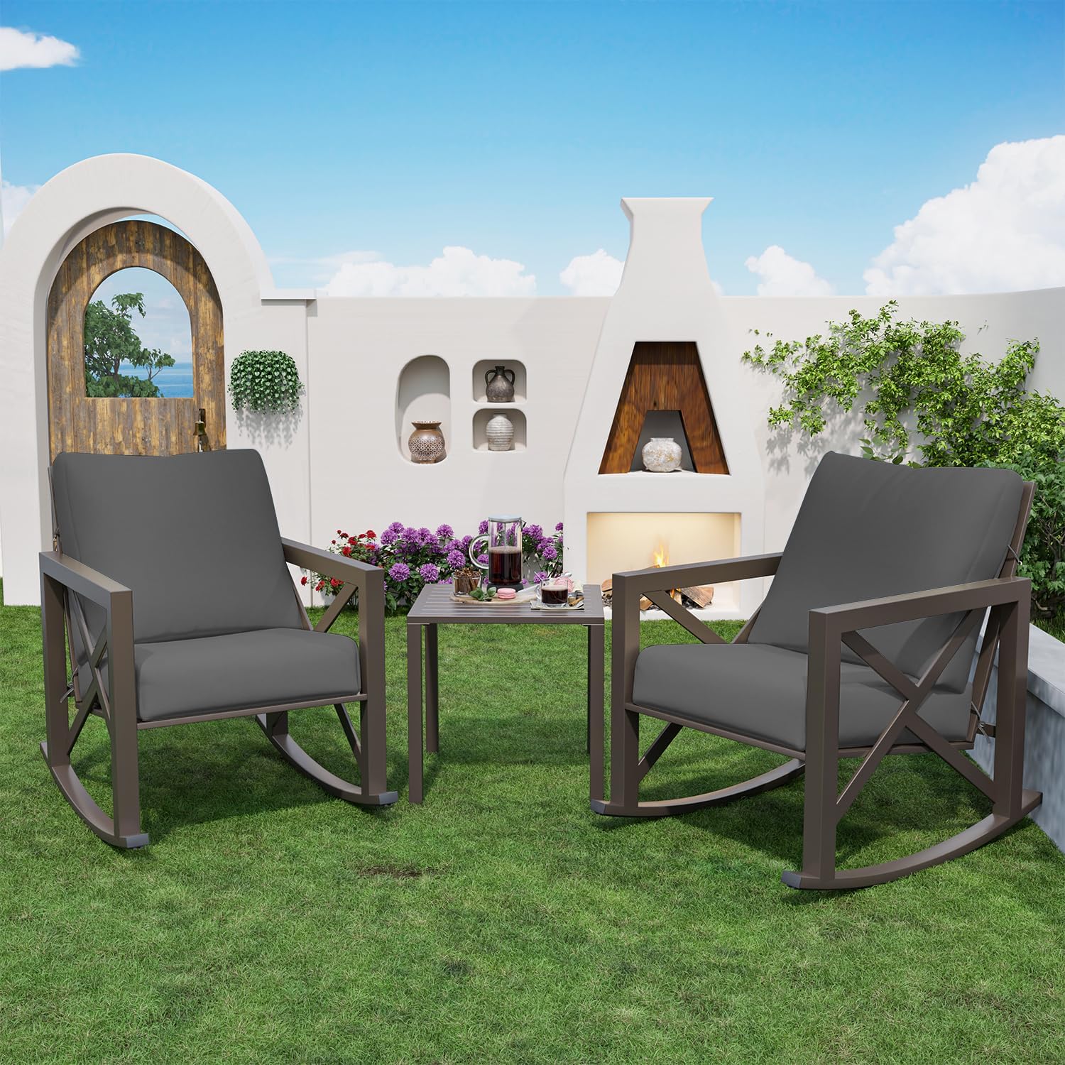 Outdoor Rocking Bistro Set, Patio Rocking Chairs Set of 2 with Coffee Table, 3 Pieces Metal Conversation Sets with 6.5' Thick Cushions for Backyard, Porch, Poolside, Oversized (Gray)