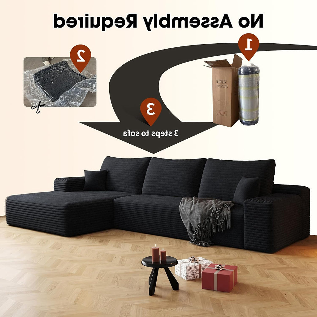 108' Sectional Couches for Living Room Cloud Couch Sofa with L-Shape Upholstered Boneless Couchs Modern Modular Sectional Couch with Chaise (Black, 108' Left Facing Chaise+2Seaters)