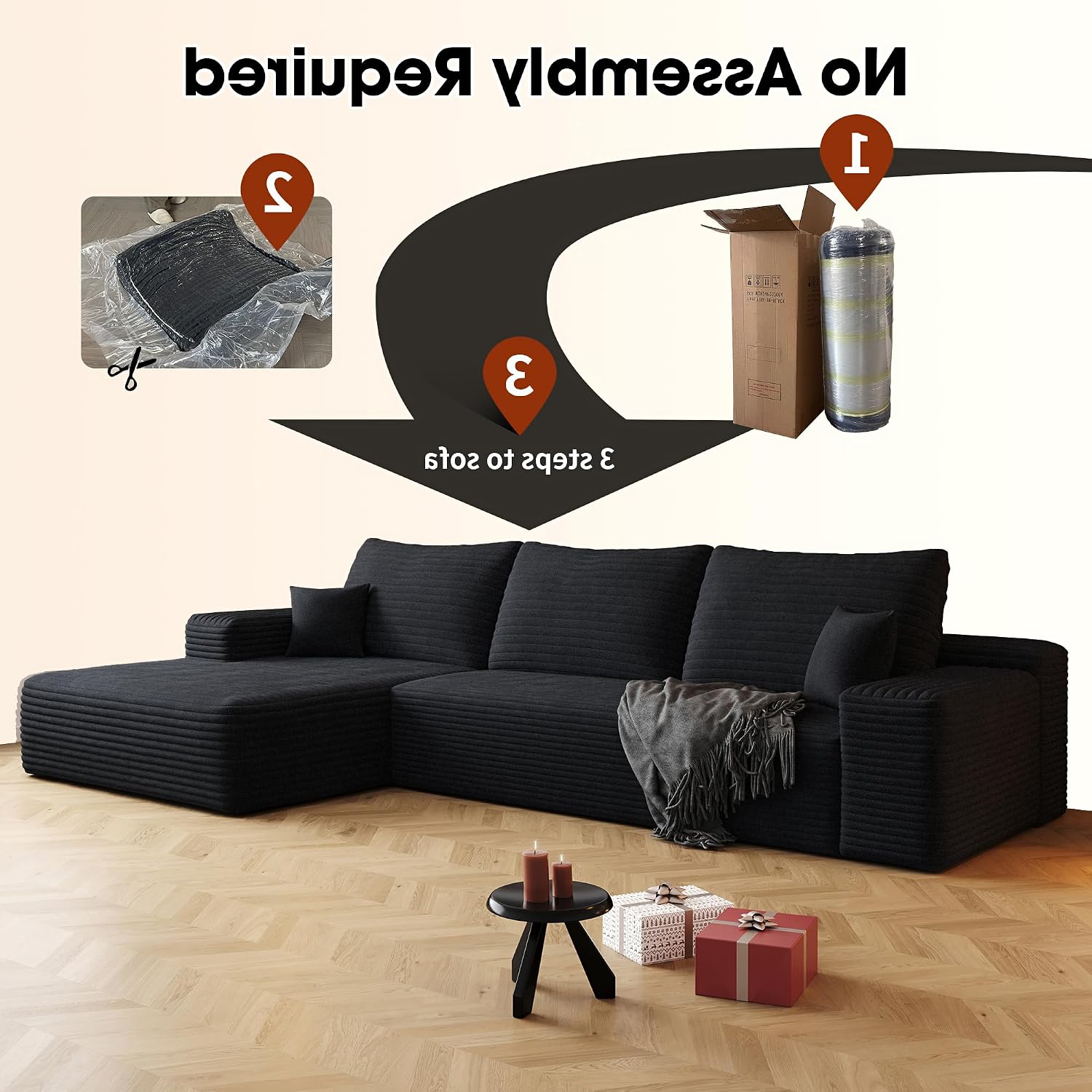 108' Sectional Couches for Living Room Cloud Couch Sofa with L-Shape Upholstered Boneless Couchs Modern Modular Sectional Couch with Chaise (Black, 108' Left Facing Chaise+2Seaters)