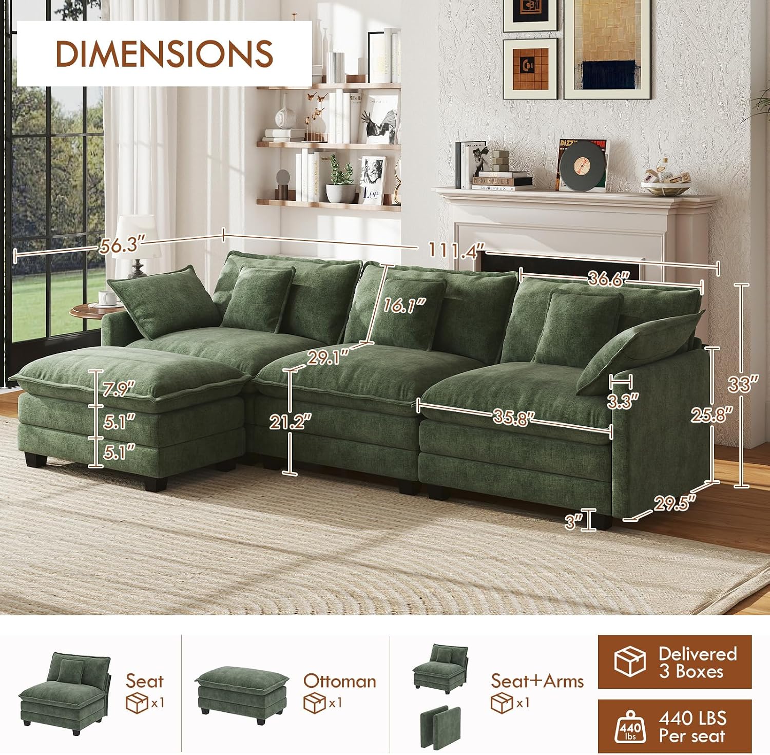 WorthFurni 111.4' Cloud Couch Modular Sectional Sofa with Ottoman, Comfy Modern 3-Seater Couches with Pillows & Upholstered Deep Seat Cushion for Apartment Living Room Bedroom (Green)