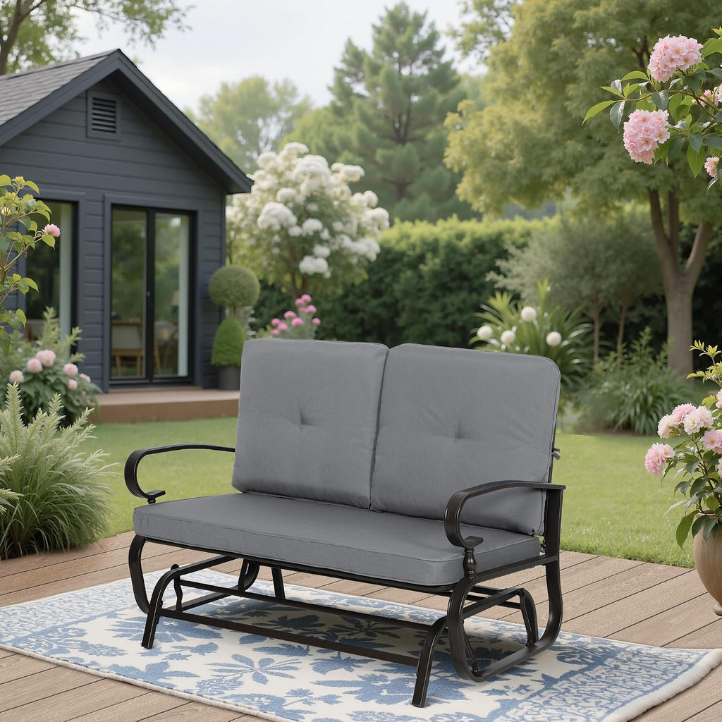 SUNCROWN Outdoor Swing Glider Chair, Patio 2 Seats Loveseat Rocking Chair with Cushions, Steel Frame Furniture Garden Seating with Cushion - Grey