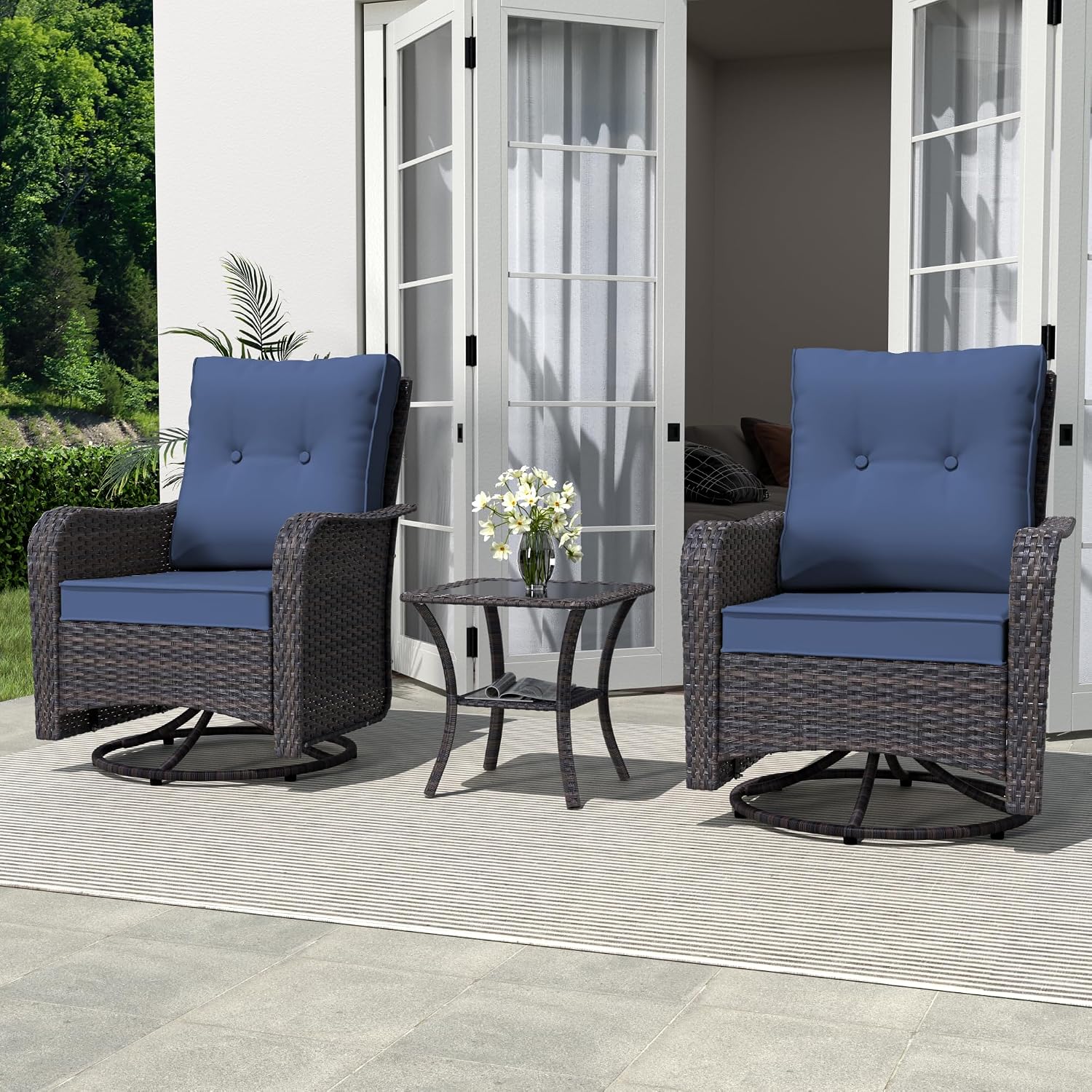 ALAULM Outdoor Swivel Rocking Chairs Set of 2 with 4'Thick Cushions and High Back, Wicker Patio Chairs w/Side Table for Patio, Porch, Poolside, Deck, Backyard, Garden-Dark Blue