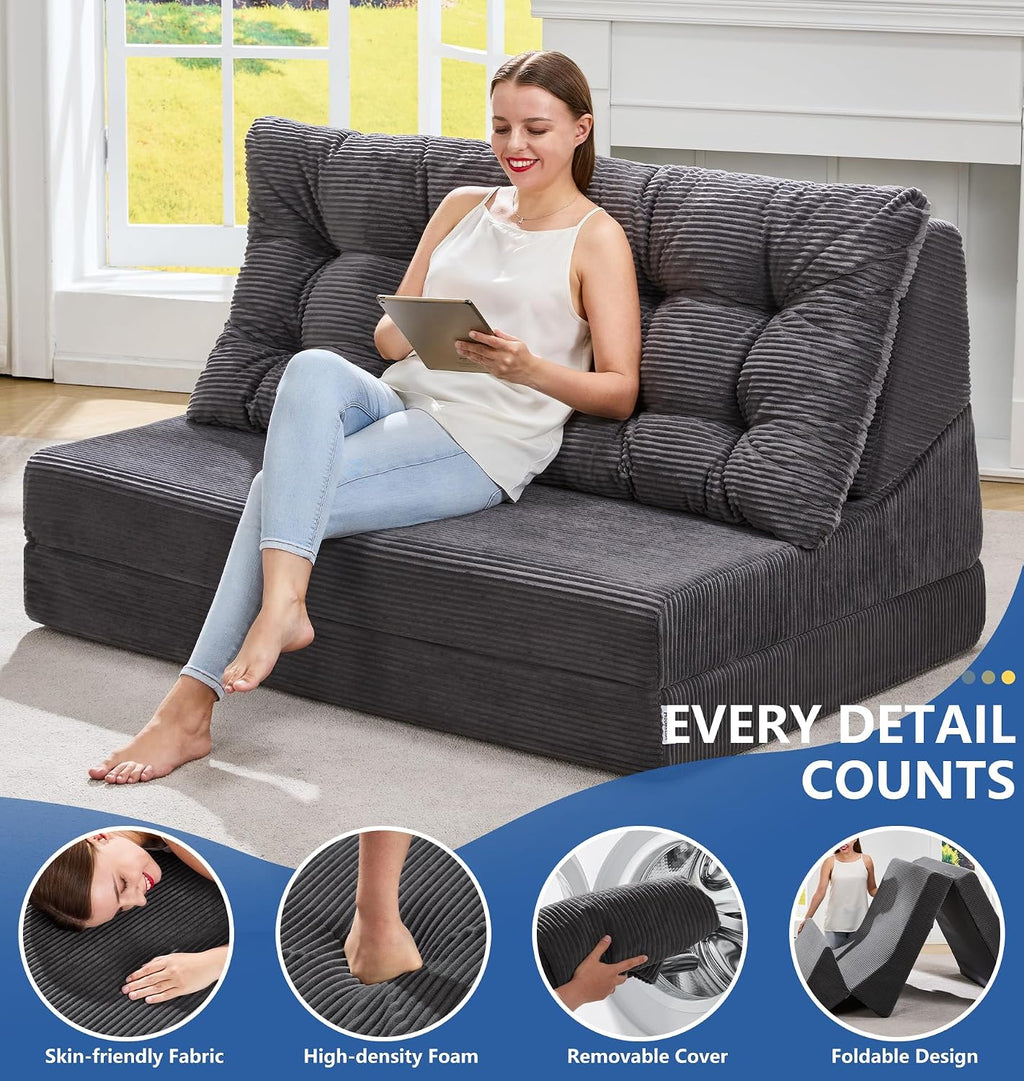 Hobestluk Sofa Couch Folding Sofa Bed Sleeper Comfy Floor Lounger Loveseat Sofa with Removable Cushion Couches Foldable Mattress for Living Room Bedroom or Office (Cordury Grey, Oversize)