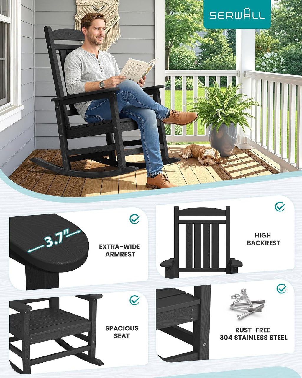 SERWALL Oversized Outdoor Rocking Chair, All-Weather Patio Rocking Chair, HDPE Porch Rocker for Adults, Black