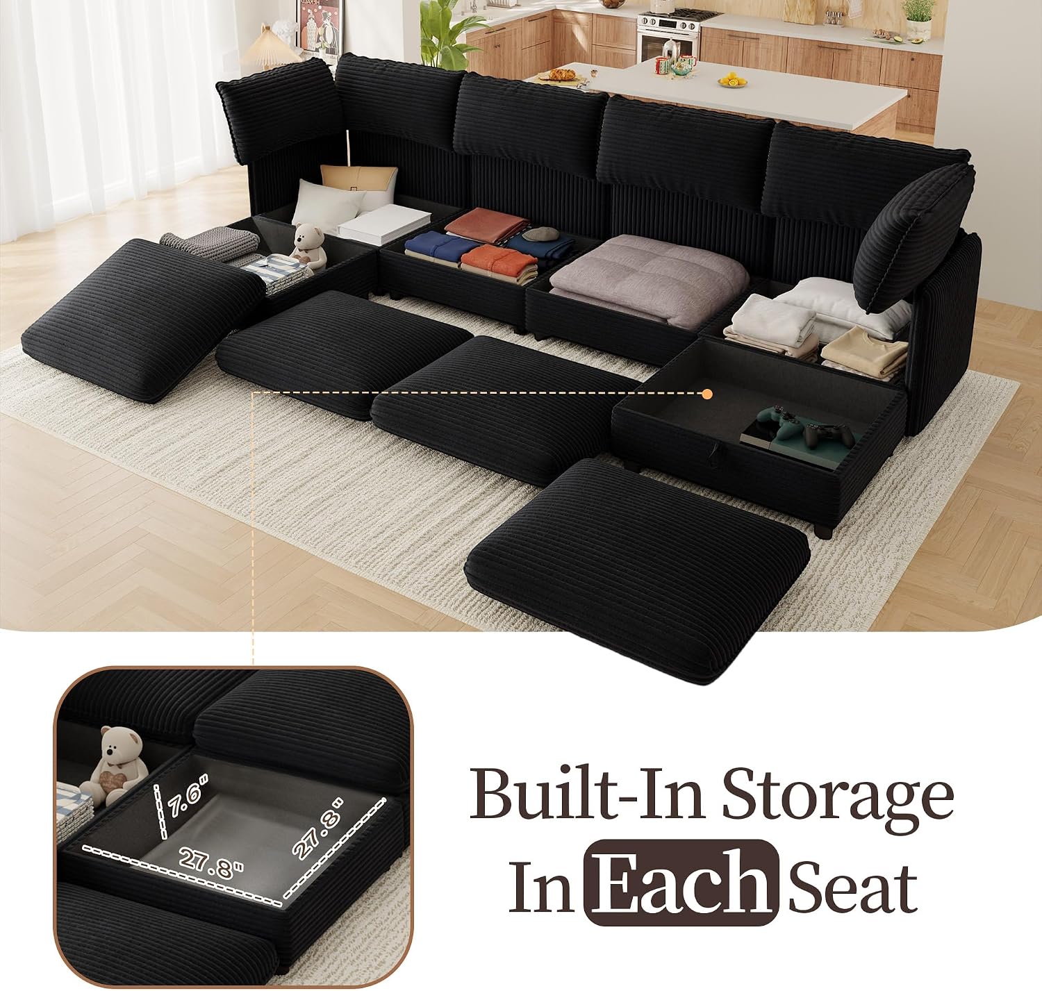 Oversized Corduroy Modular Sectional Sofa Bed with Hidden Storage, Convertible L U Sleeper Couch, 6-Seat Modular Sofa Free Combination with Ottoman & Removable Covers for Living Room, Black