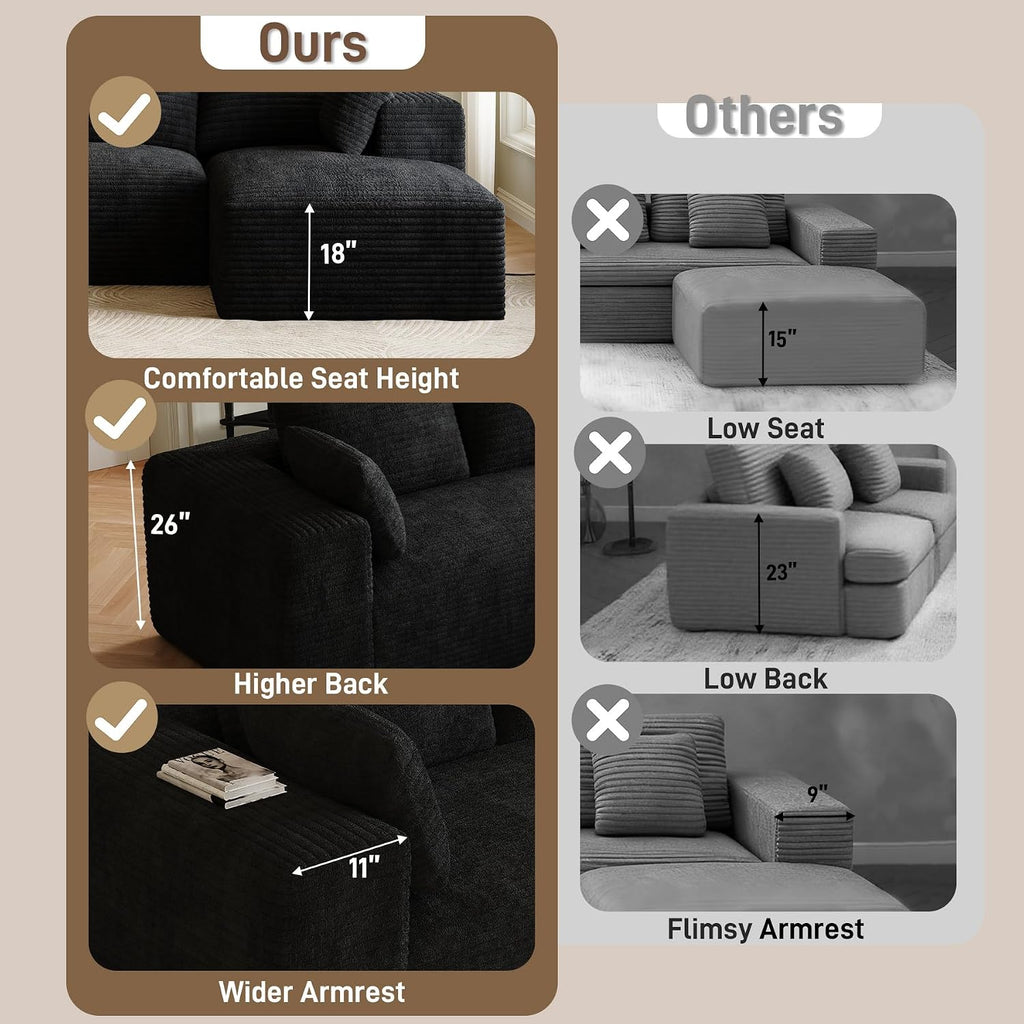 107' L-Shaped Boneless Sectional Couches for Living Room, Comfy Corduroy Fluffy Cloud Couch, Deep Seat Memory Foam Plush Modular Sectional Sofa with Right-Facing Chaise, No Assembly, Black
