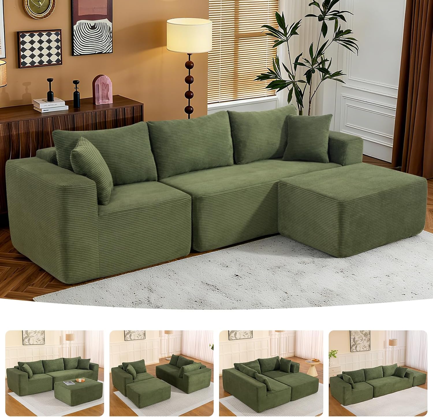 Brage Living 2025 New 108' Cloud Couch Sectional, Comfy Boneless Modular Sectional Sofa with L-Shaped Chaise, Deep Seat Couch for Living Room, No Assembly Required (Green, Chaise Ottoman)
