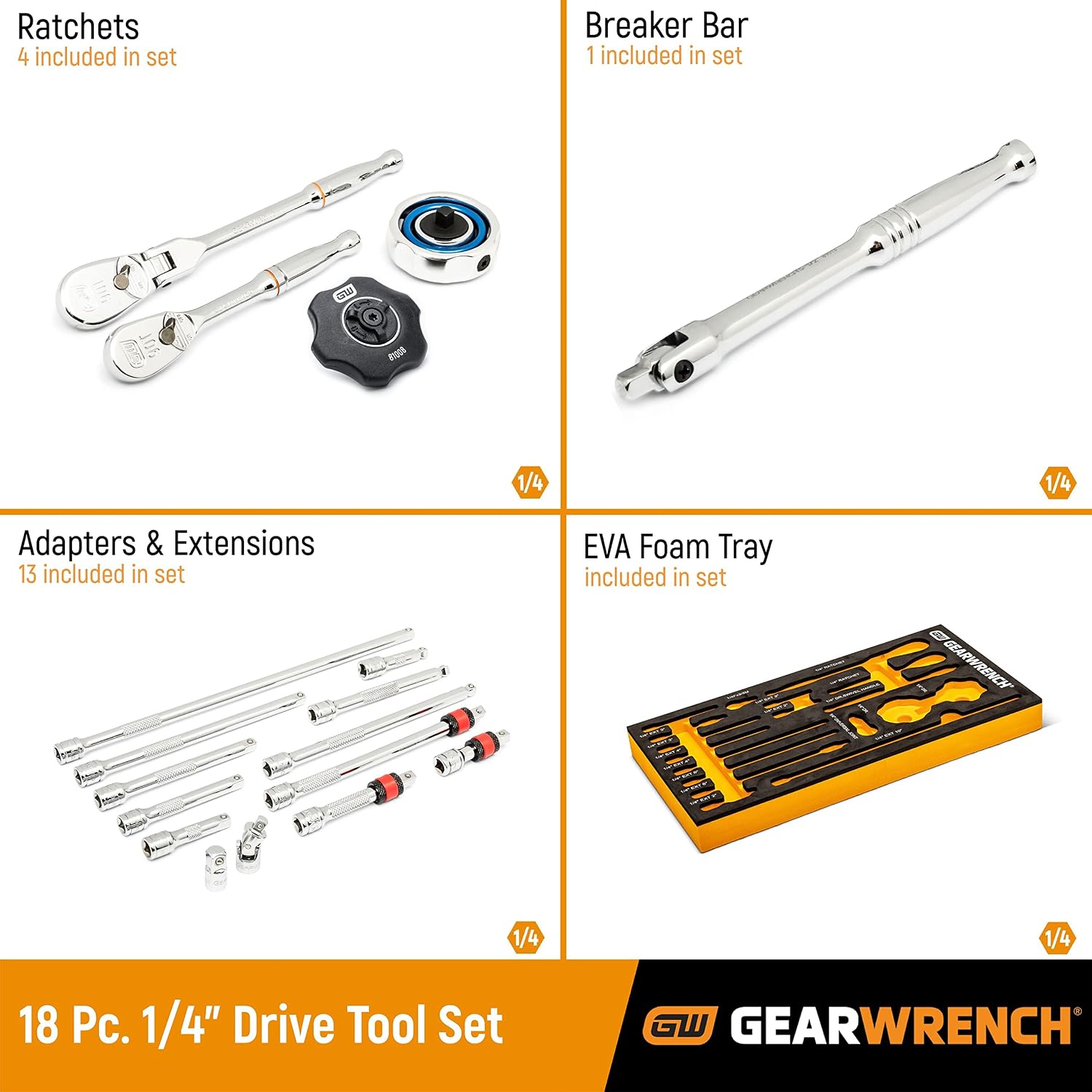 GEARWRENCH 18 Piece 1/4' 90T Ratchet & Drive Tool Set with EVA Foam Tray - 86520