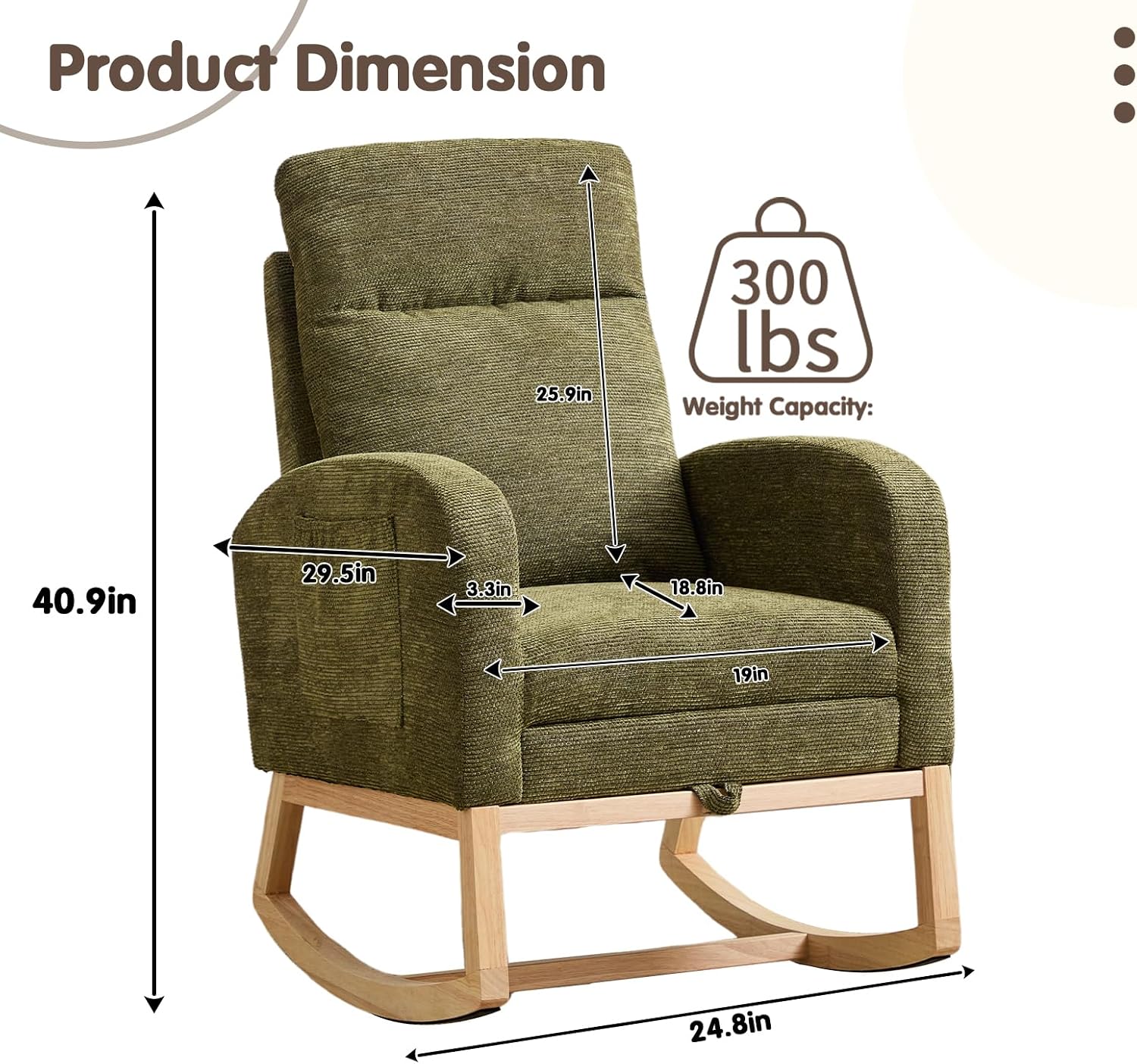 Rosevera Nursery Rocking Chair with Adjustable Footrest for Living Room - Teddy Fabric, Solid Wooden Legs, Comfortable Lounge Armchair with High Backrest and Side Pockets (Contemporary, Cyan-1 line)