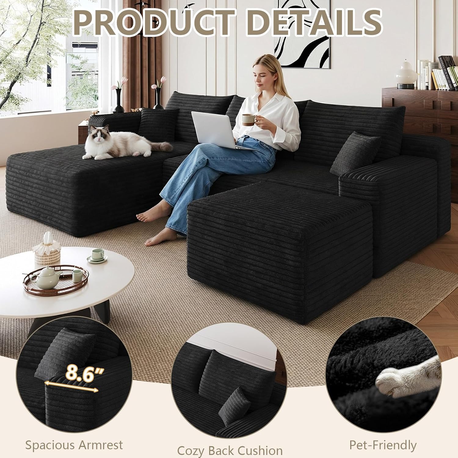 95' Cloud Sectional Couch with U-Shaped Chaise, Corduroy Sectional Sofa with Ottoman, Boneless Couch with Deep Seat for Living Room, No Assembly Required (Black, Left Facing Chaise)