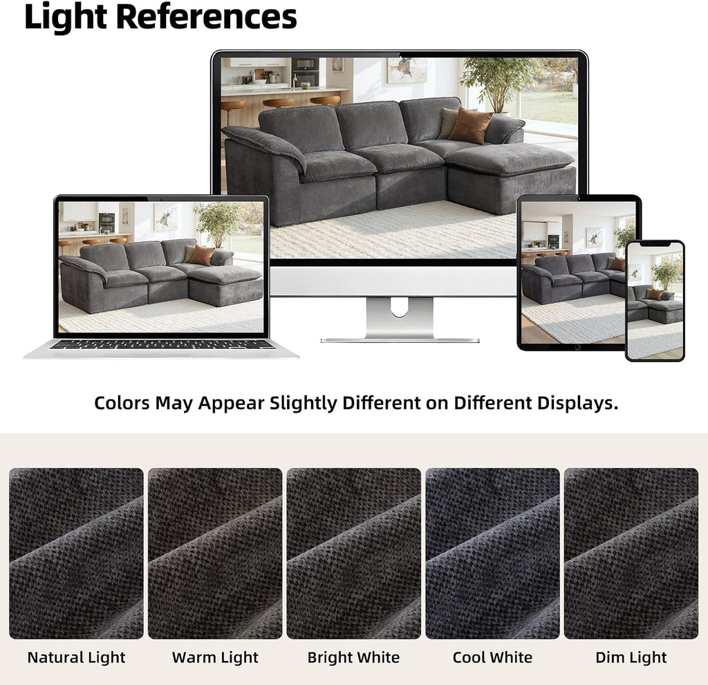 112' Cloud Couch Sectional with Padded Armrests & Moveable Ottoman Boneless Sectional Couches for Living Room Dark Grey Couch, No Assembly Required