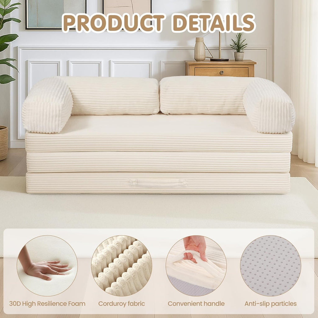 5-in-1 Convertible Sofa Bed,60' Boneless Couch Tri Folding Floor Mattress with Removable L-Shaped Armrests & Handle,Corduroy Futon Couch Sleeper with Pull Out Bed for Living Room Bedroom Apartment