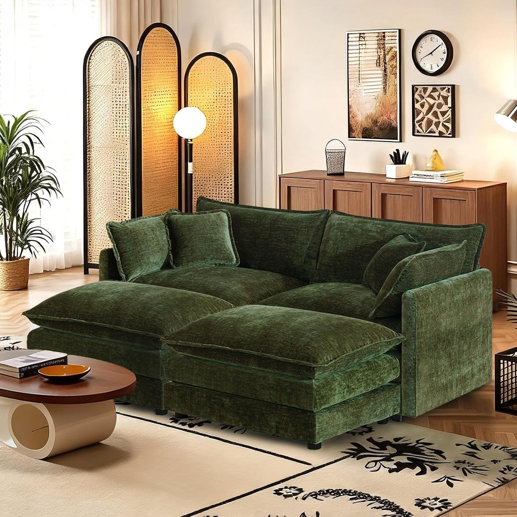 SoarFlash Chenille Sectional Sofa, Comfy Modular Coush Sofa with Ottoman, Modern 2 Seat Recliner Deep Seat Sofa Set for Living Room,Green