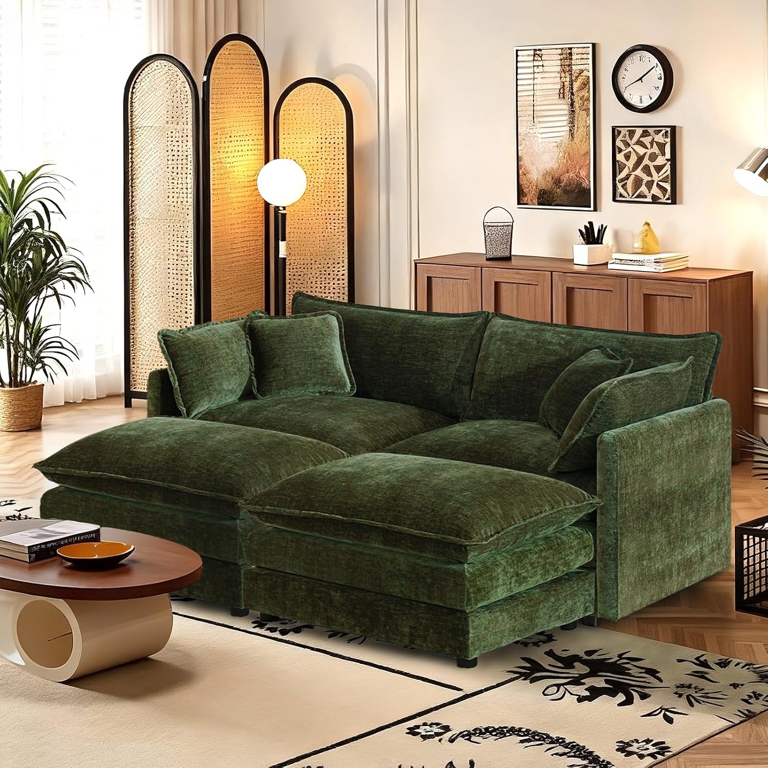 SoarFlash Chenille Sectional Sofa, Comfy Modular Coush Sofa with Ottoman, Modern 2 Seat Recliner Deep Seat Sofa Set for Living Room,Green