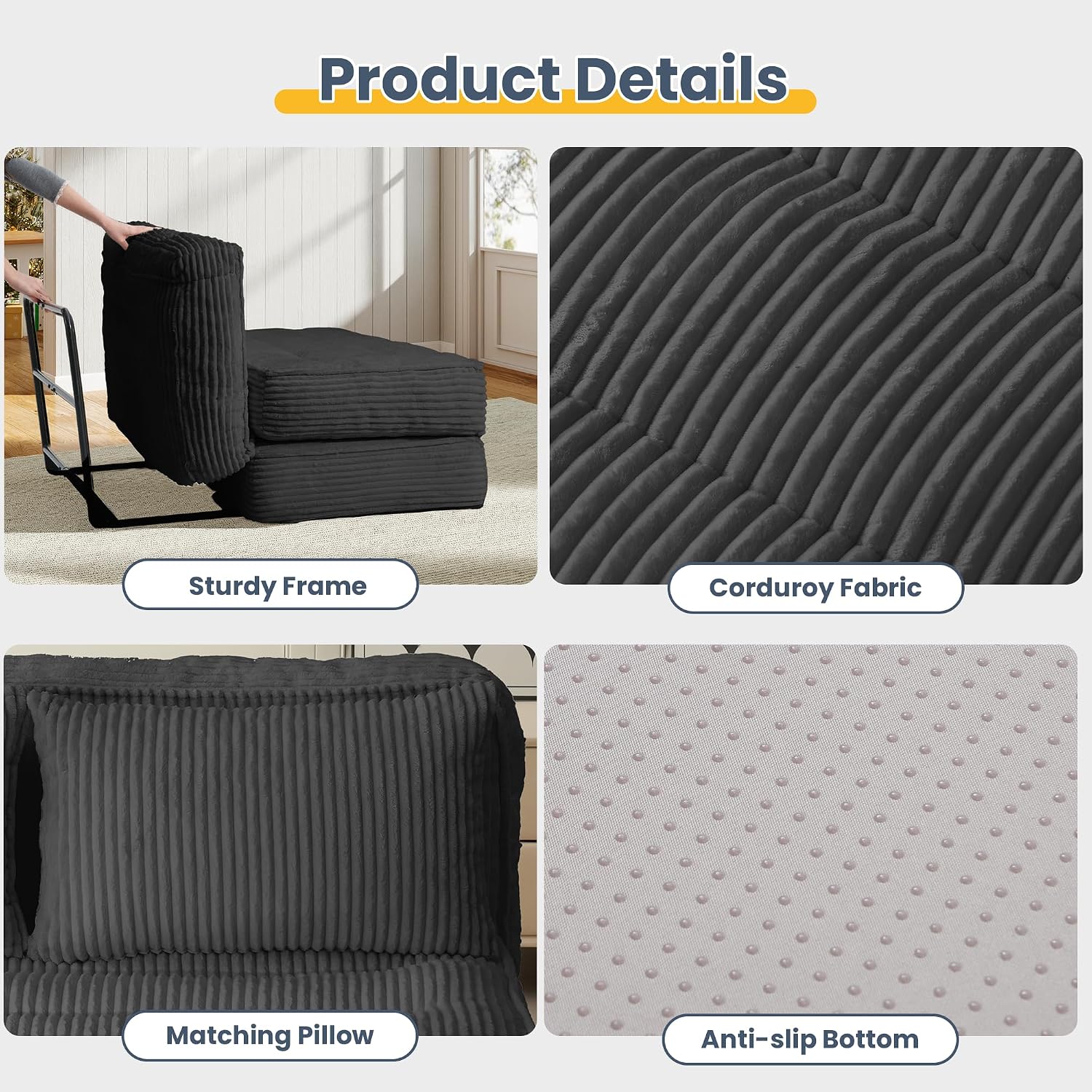 Convertible Sofa Bed with Fixed Frame,Boneless Couch Folding Loveseat Sleeper with 5-Position Adjustable Backrest & Thickened Cushion,Futon Couch with 2 Pillows for Bedroom,Small Spaces
