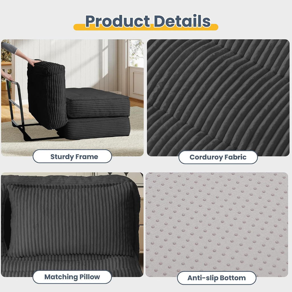 Convertible Sofa Bed with Fixed Frame,Boneless Couch Folding Loveseat Sleeper with 5-Position Adjustable Backrest & Thickened Cushion,Futon Couch with 2 Pillows for Bedroom,Small Spaces