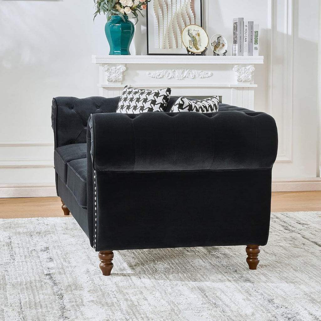 87' Velvet Tufted Sofa for Living Room, Elegant 3 Seater Upholstered Chesterfield Couch with Nailhead Rolled Arms and 2 Pillows for Home Office, Apartment, Studio, Black