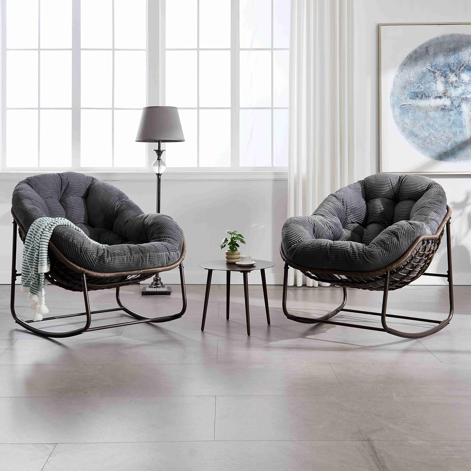 Wicker Outdoor Rocking Chair Rattan Egg Chair with Thick Cushion 30° Smooth Rocking Patio Lounge Reclining for Indoor Outdoor Use Living Room Front Porch Balcony Lawn Garden, Grey