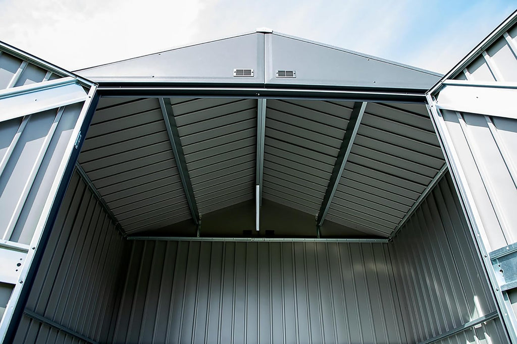 Arrow Shed Elite 14' x 14' Tall Outdoor Steel Storage Shed with High Gable and Lockable Doors Storage Building, Anthracite