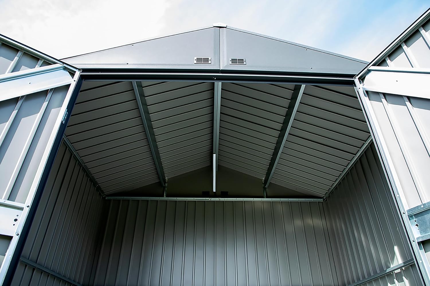 Arrow Shed Elite 14' x 14' Tall Outdoor Steel Storage Shed with High Gable and Lockable Doors Storage Building, Anthracite