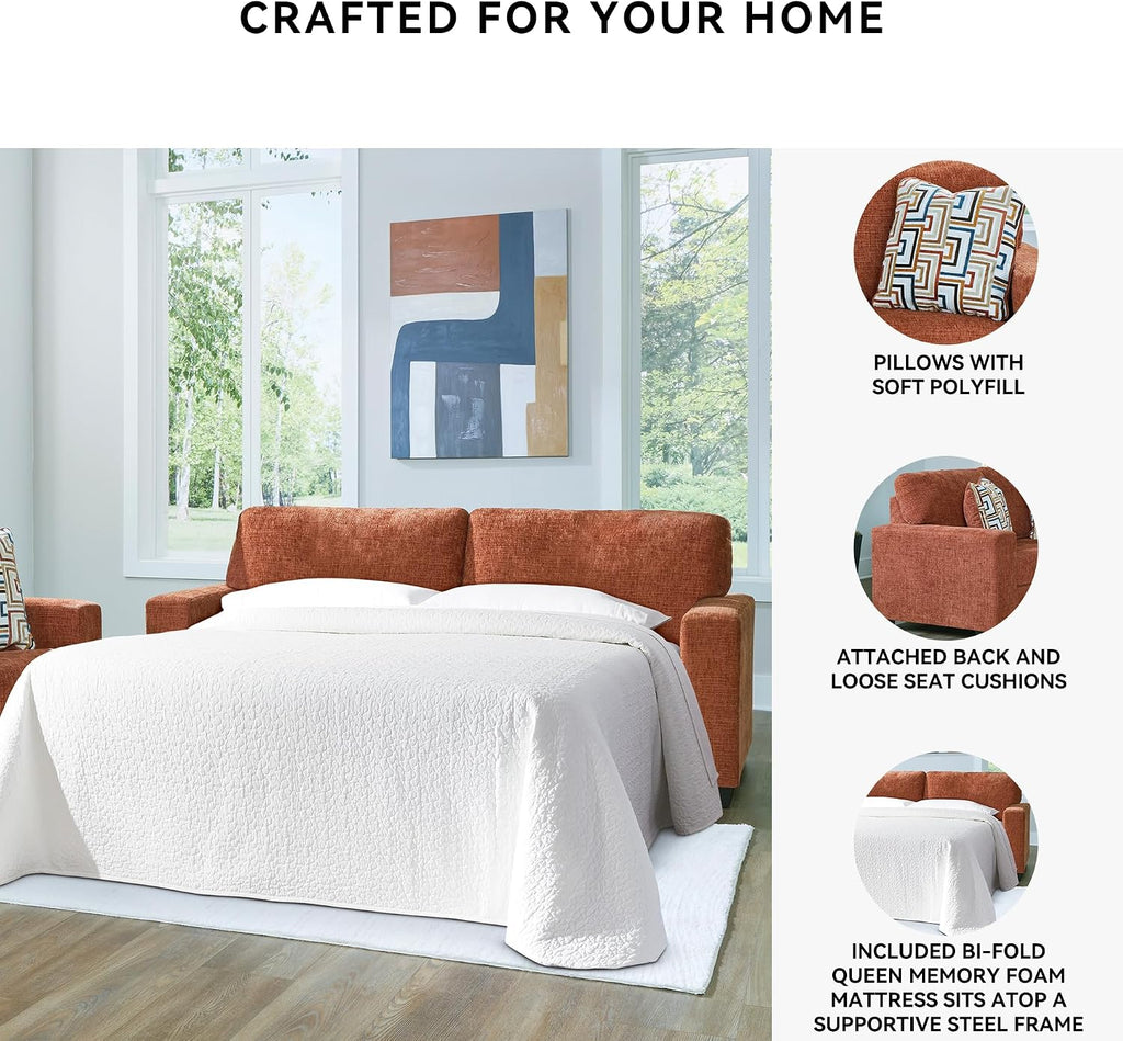 Signature Design by Ashley Aviemore Contemporary Sofa Sleeper with Folding Memory Foam Mattress and 2 Accent Pillows, Queen, Orange