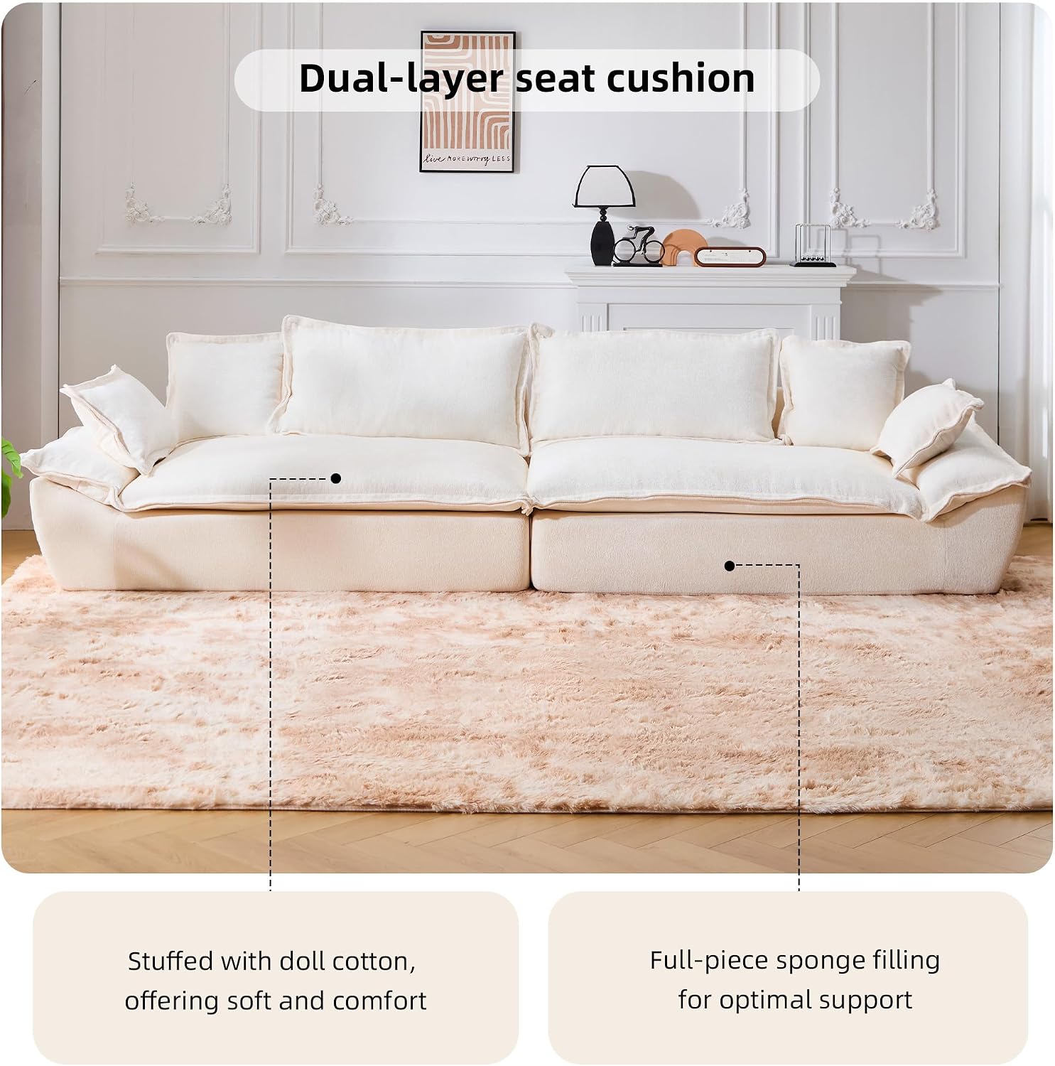 138' Modular Cloud Couch, Sectional Couch with Deep Seats, Wide Armrests and Multiple Pillows, Boneless Couches Sofas Loveseat for Bedroom/Living Room/Apartment/Office (White, Left)