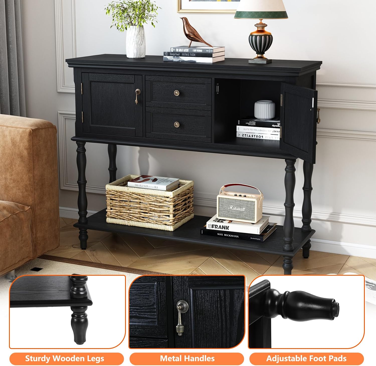 ARTPOWER Console Table with 2 Drawers, Retro Entryway Table with 2 Door Cabinets and Open Storage Shelf, Narrow Long Behind Couch Sofa Table for Living Room, Foyer, Hallway, Black