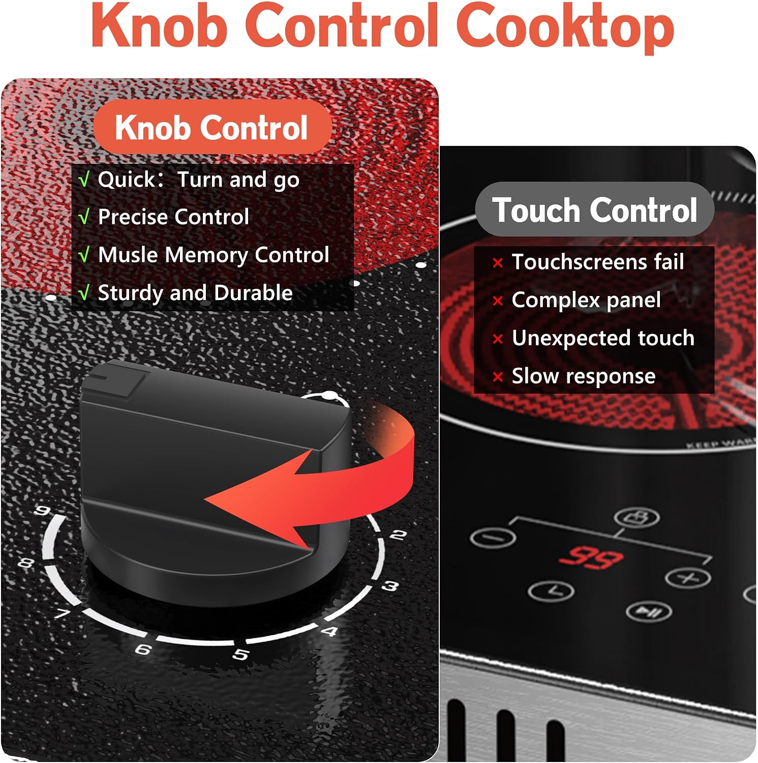 Hobsir 2 Burner Electric Cooktop 110v, Plug in Electric Stove Top, 2000W Electrical Stove Top Burner, 12 Inch Countertop & Built-in Ceramic Cooktop, Knob Control, 9 Power Level