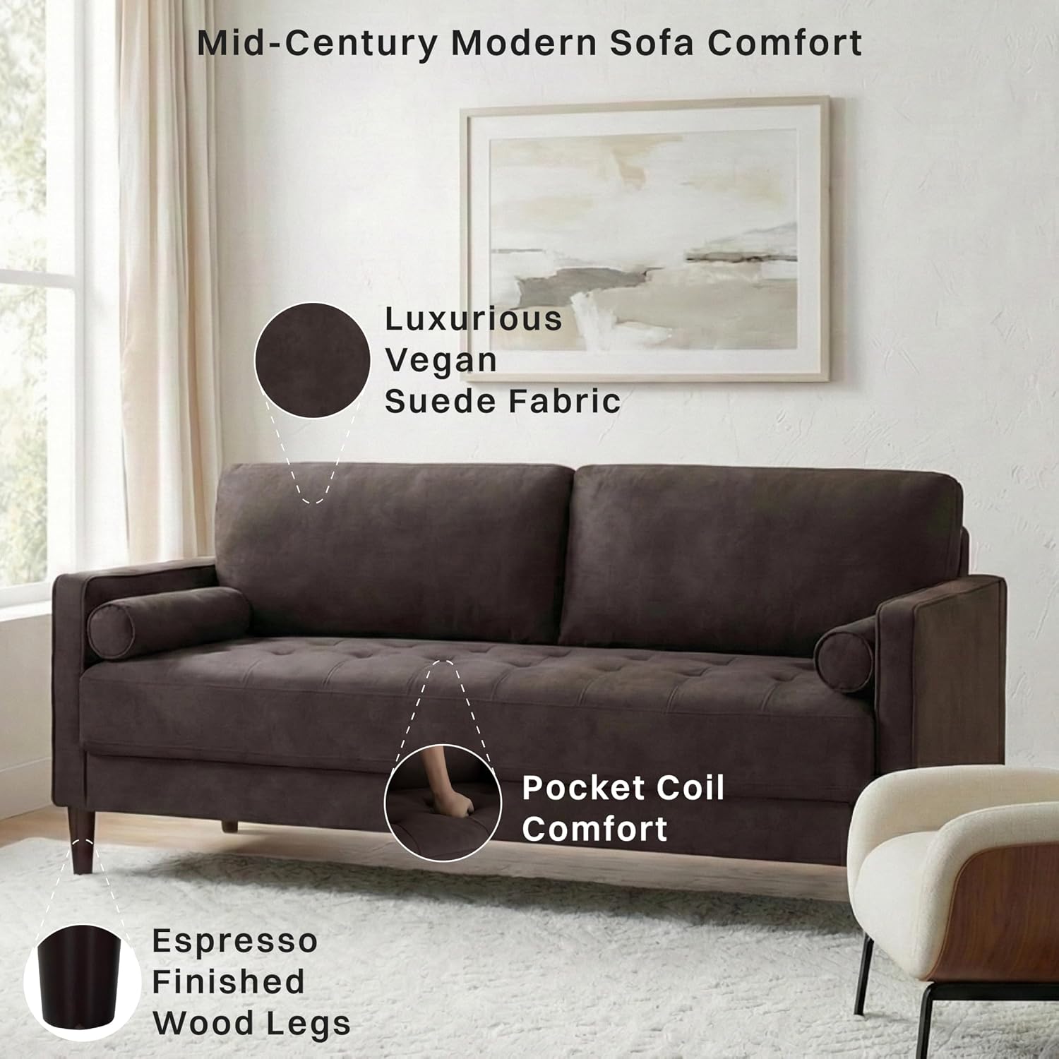 Studio Living® Lexington 75.6' Sofa, Modern Design, Pocket Coil Comfort, Easy Assembly, Faux-Suede Fabric, Charcoal
