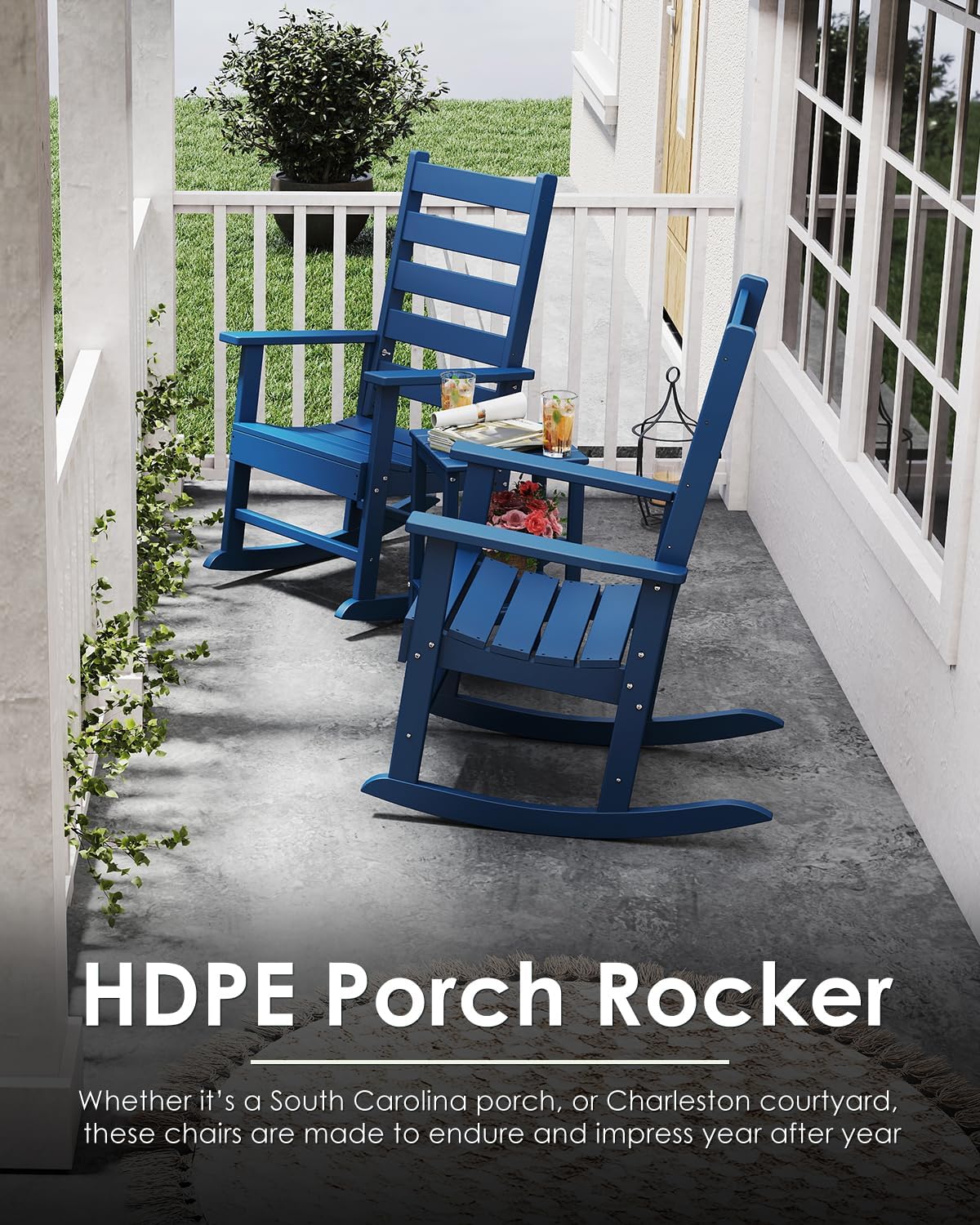GREENVINES Outdoor-Rocking-Chairs-Set-of-2 | HDPE Plastic | Patio Rockers | Porch Rocker Chair | Shaker | Oversized | High Ladder Back | Big & Tall | PentaLuxe | Blue
