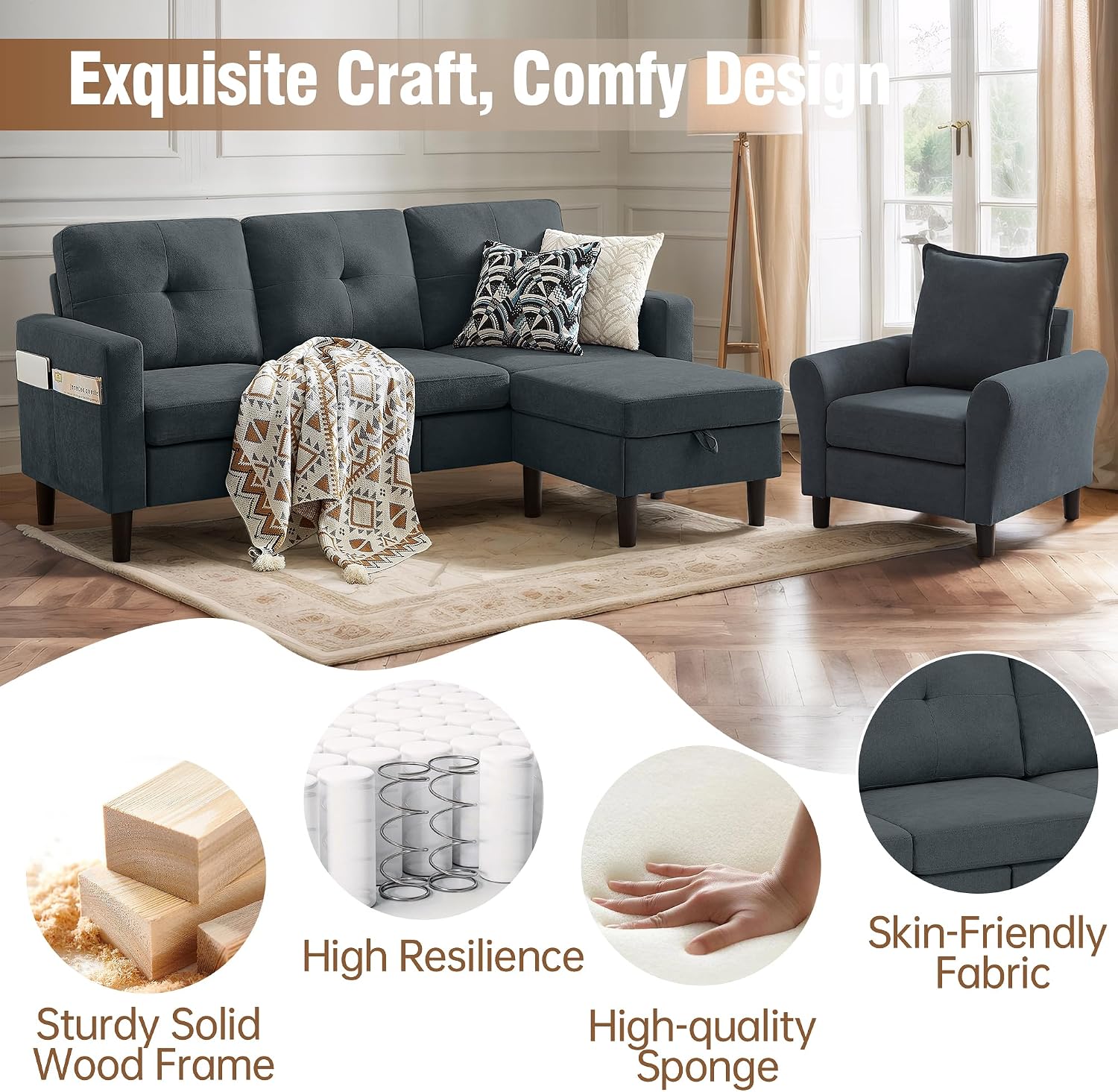 3 Piece Living Room Sofa Sets, Modern 3 Seater Sofa with Storage Ottoman and 2 PSC Armchair Couch Sets, Easy Assembly, Modern 5 Seat Sectional Couches for Living Room, Office,Dark Grey