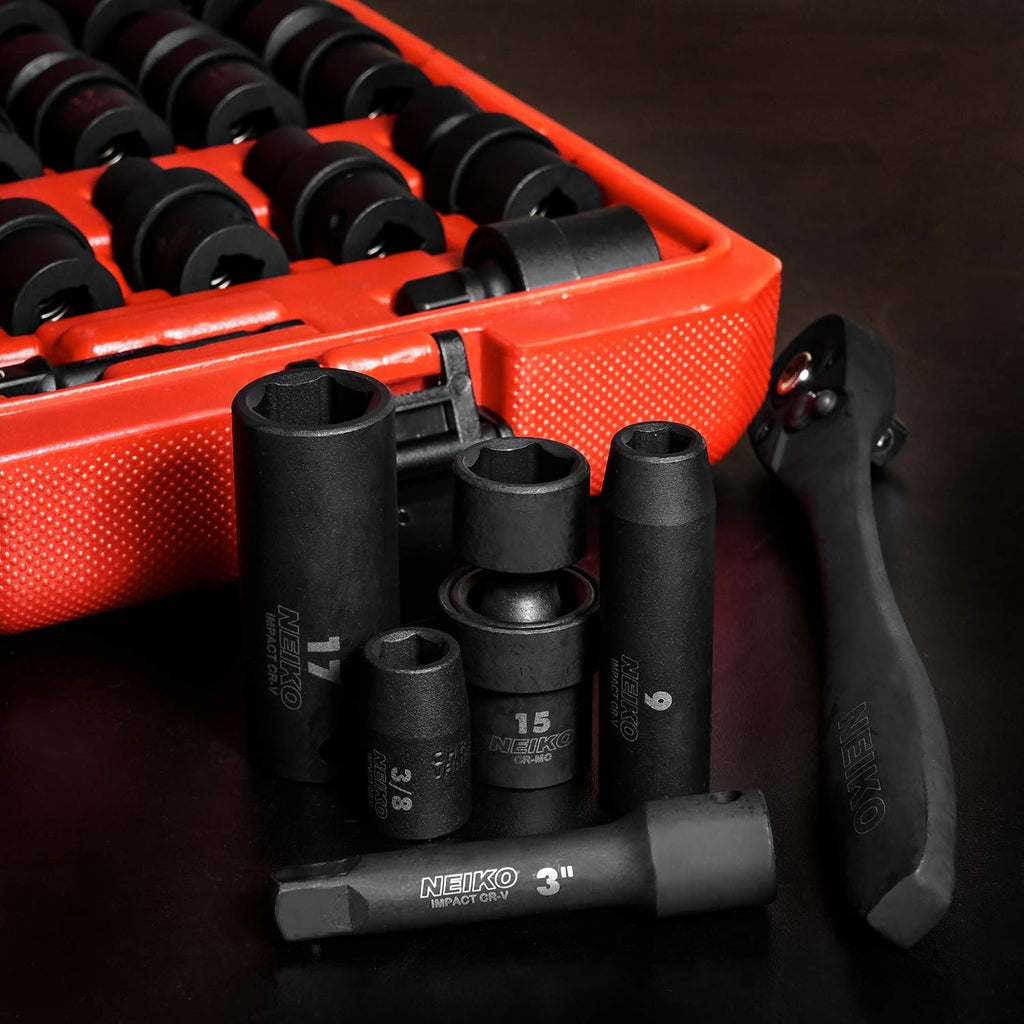 NEIKO 02471A Impact Socket Set, 3/8' Drive, 67 Piece, Metric and Standard Master Socket Set with Shallow & Deep Sockets, Ratchet, Swivel Sockets, Extension Bars, Adapters, Cr-V & Cr-Mo