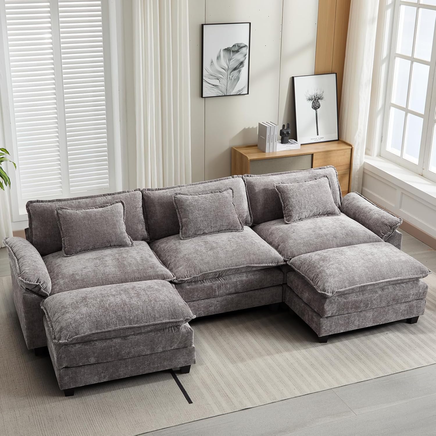 Oprisen 120' Modular Sectional Sofa, Comfy Cloud Couch Sectional Sofa with Ottoman, Chenille Sofa Sleeper Deep Seat Sofa with Throw Pillows for Living Room (Light Gray, 120'- U Shape)